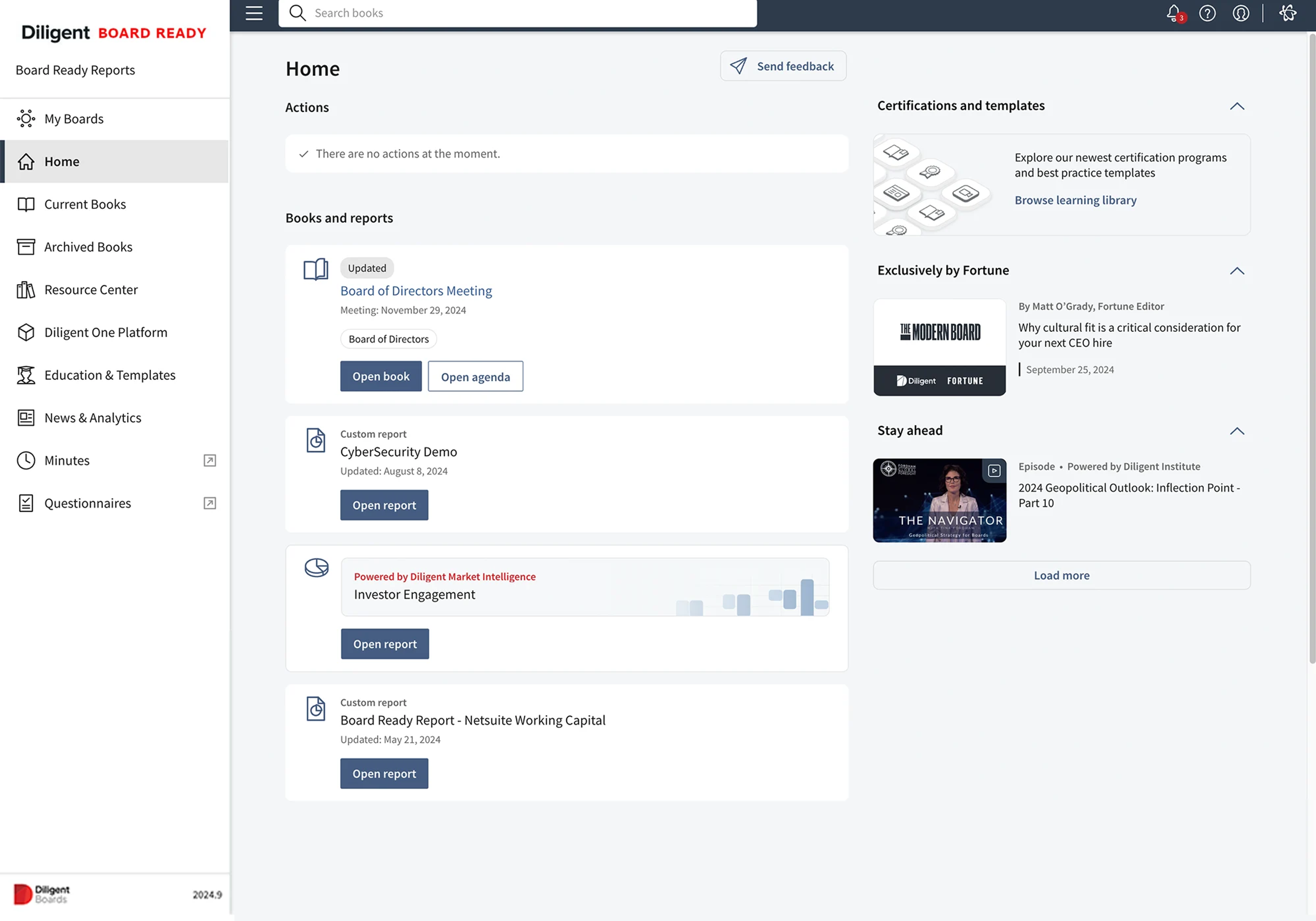 Diligent board books and reports view, which streamlines proxy statement preparation.