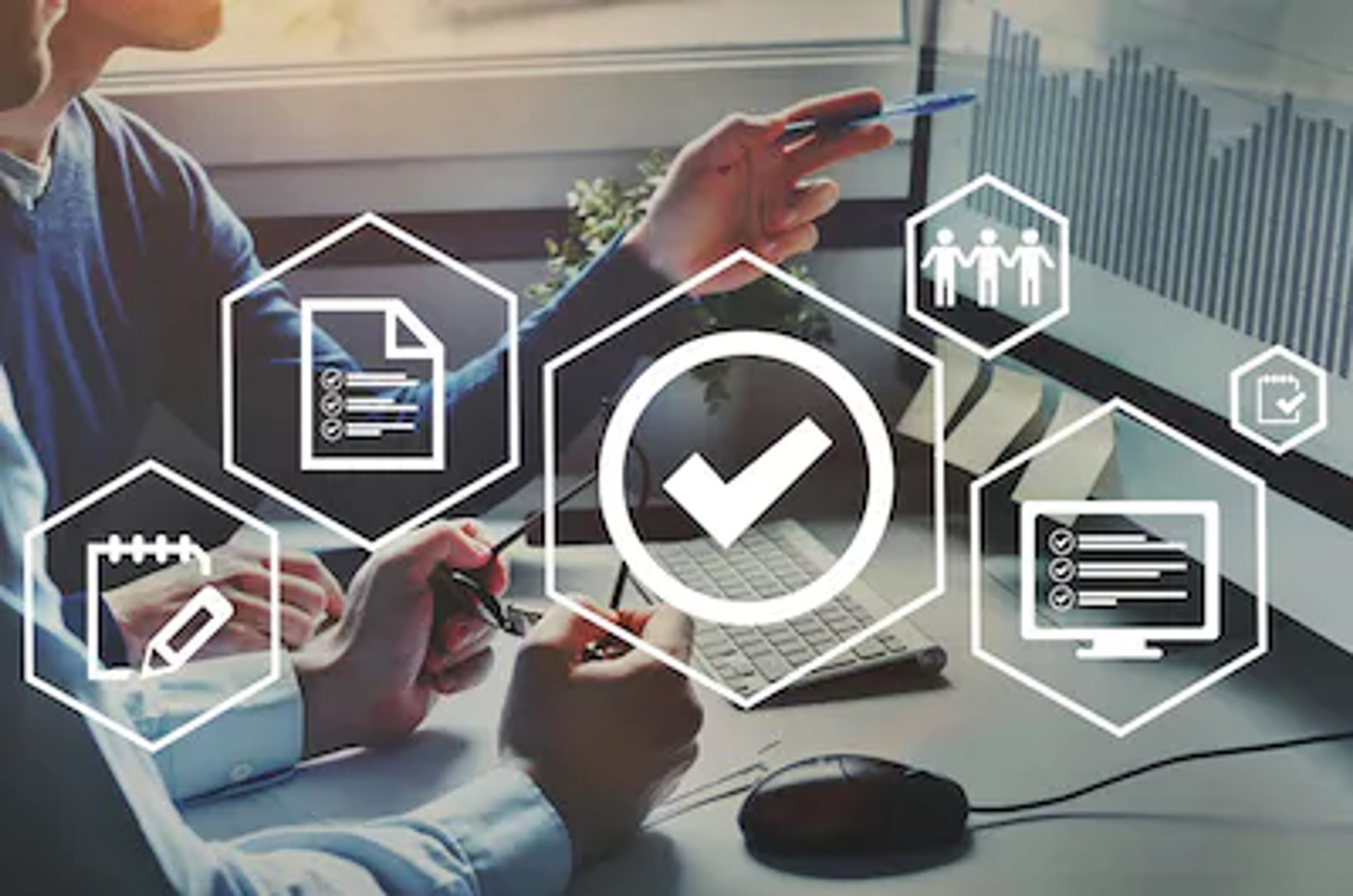 Woman selects data from computer in backdrop. Illustration on top of photo illustrating subsidiary governance symbols.