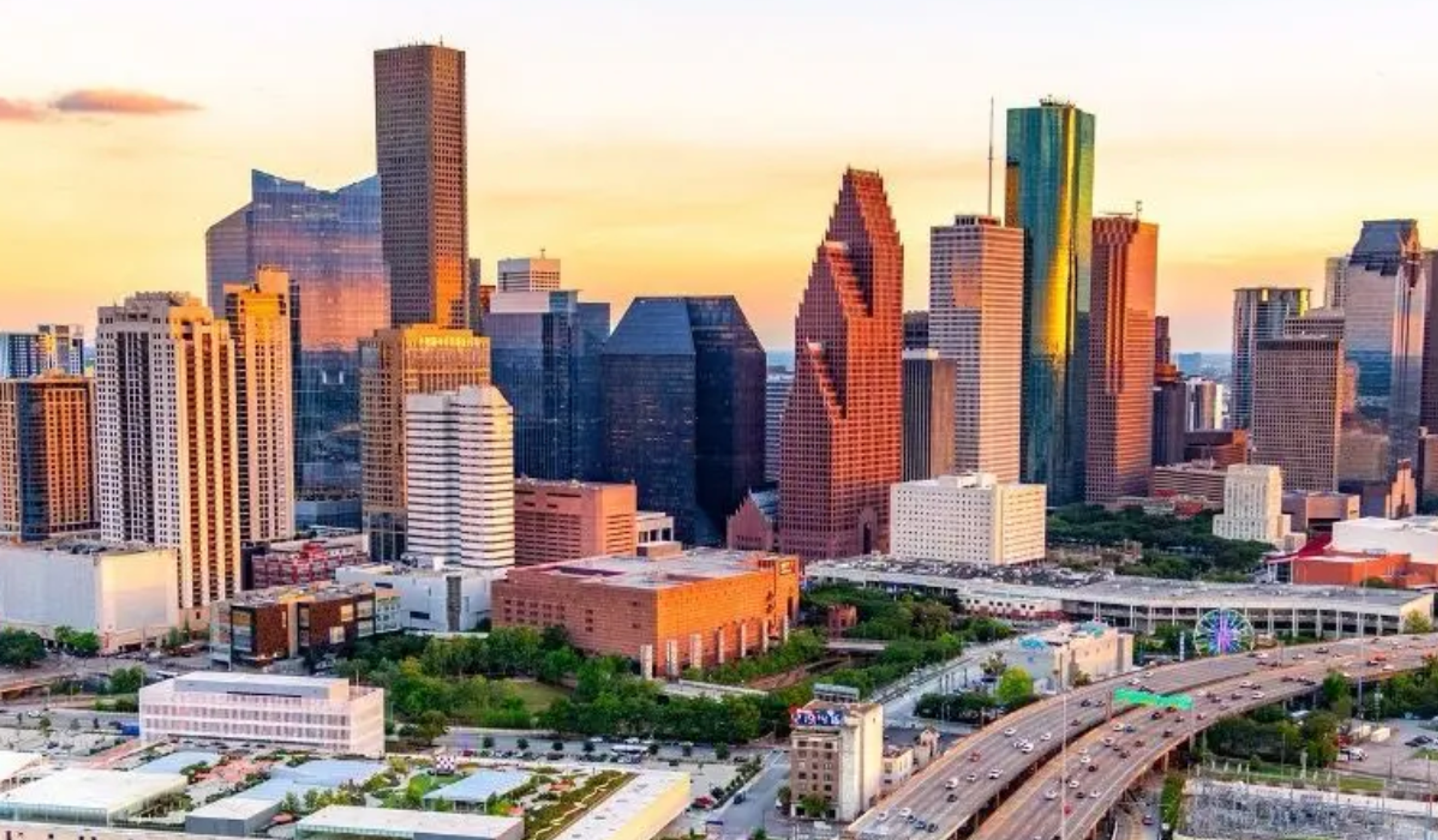 Downtown houston at sunset