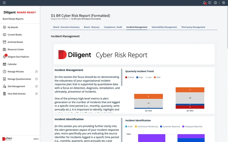 Diligent GRC AI cyber risk report showing incident management dashboard with quarterly trend analysis and incident identification charts by source (audit, continuous monitoring, customer and employee reported)