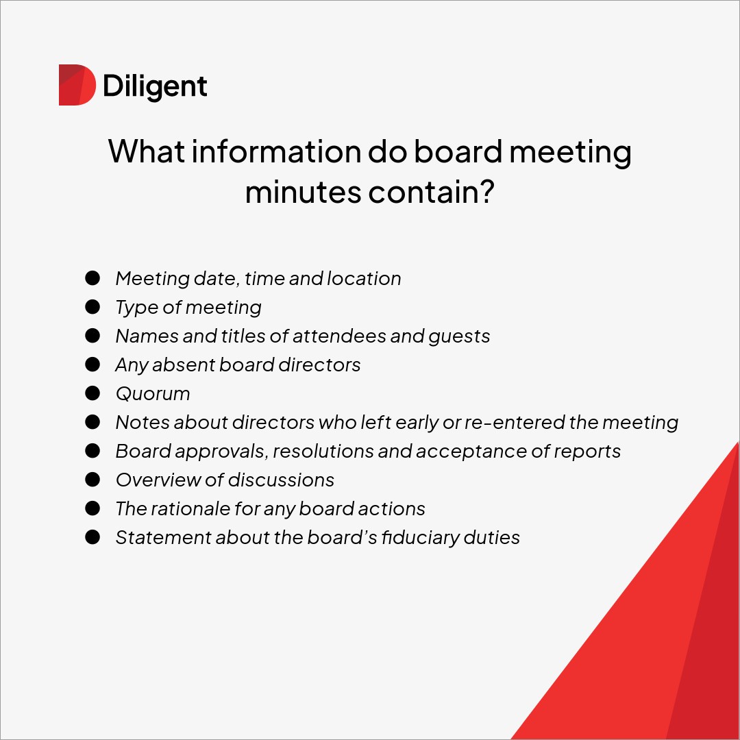 What information do minutes at a board meeting contain