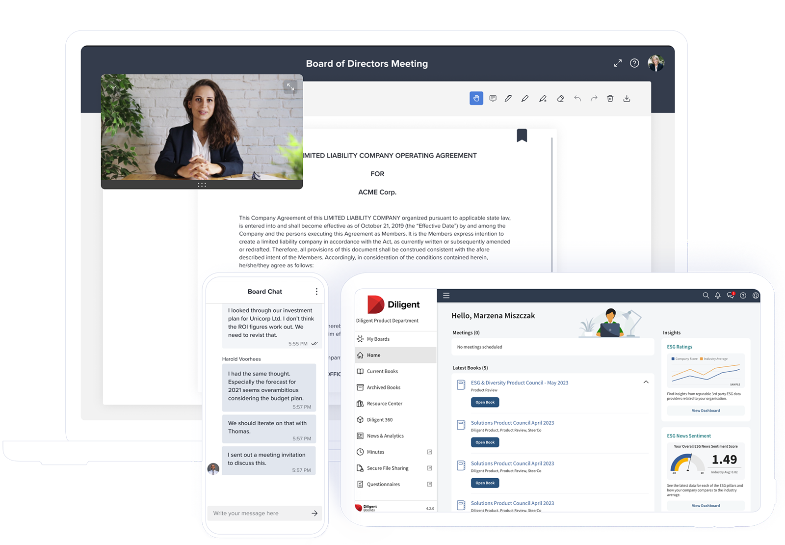 Diligent product dashboards and chat functionality for board members