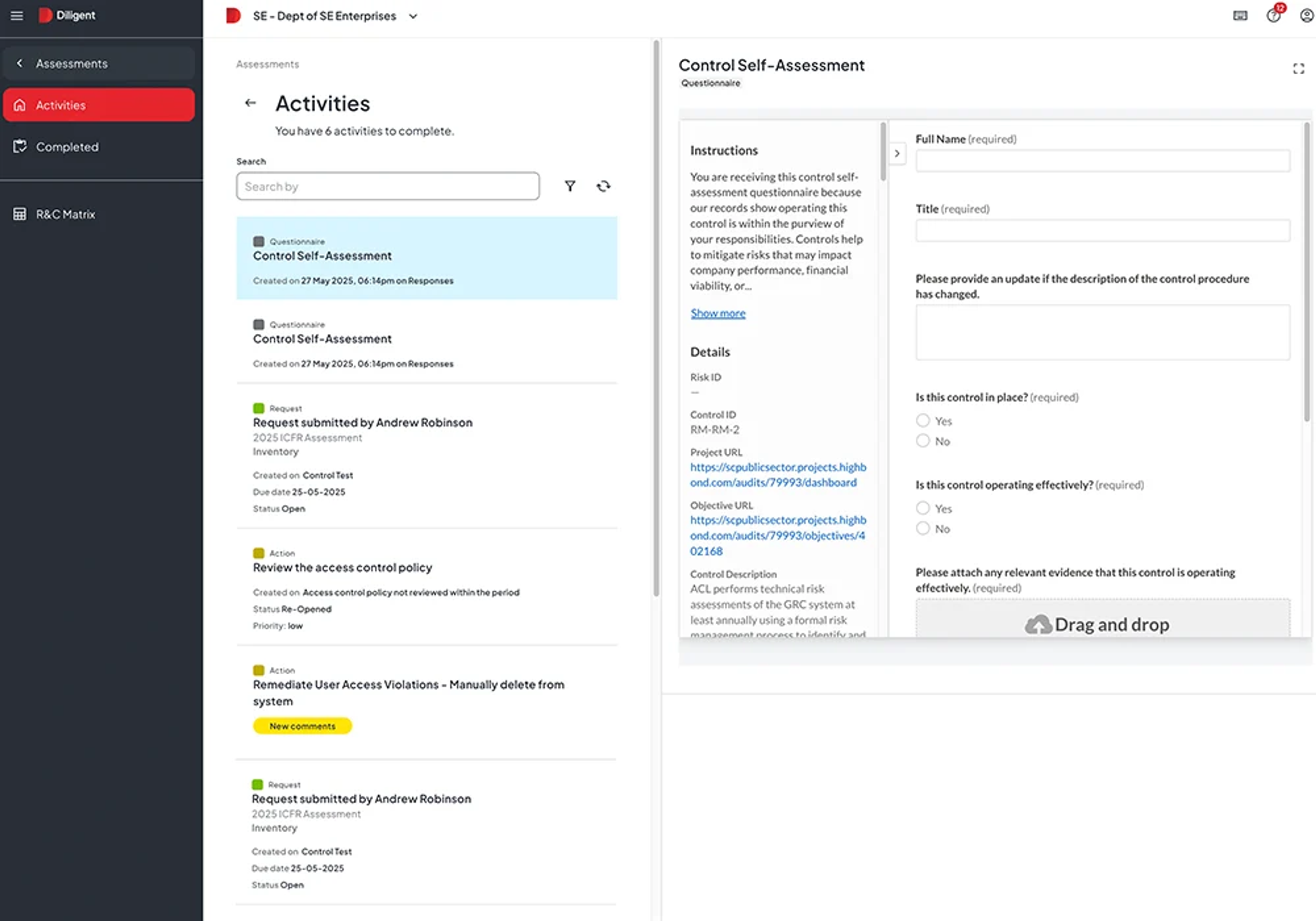 Diligent One platform showing audit planning control self assessment