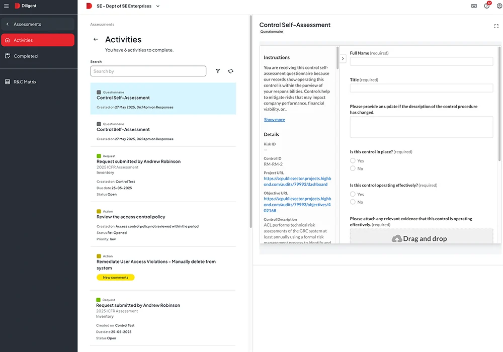Diligent One platform showing audit planning control self assessment