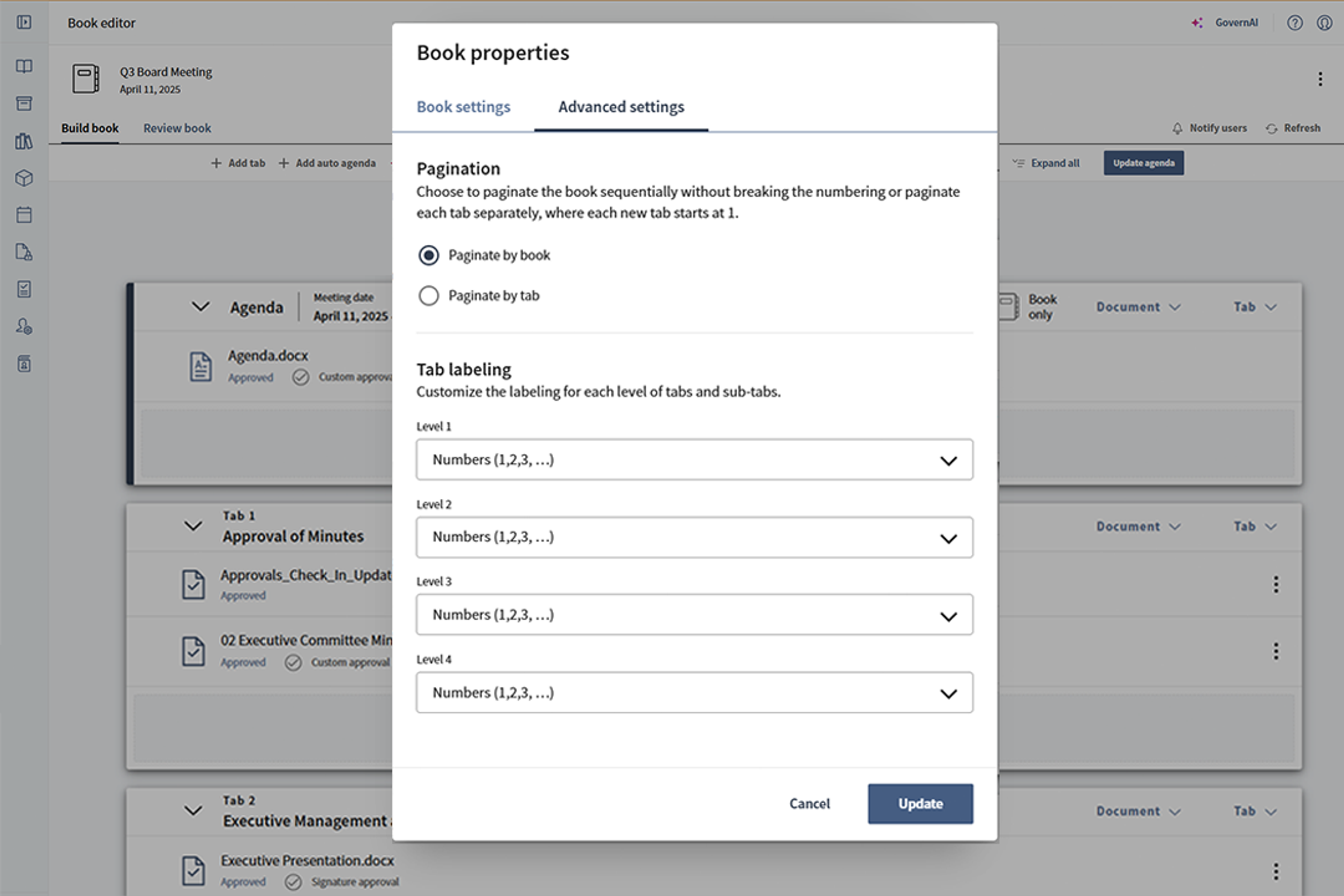 Diligent Boards tabs and pagination functionality