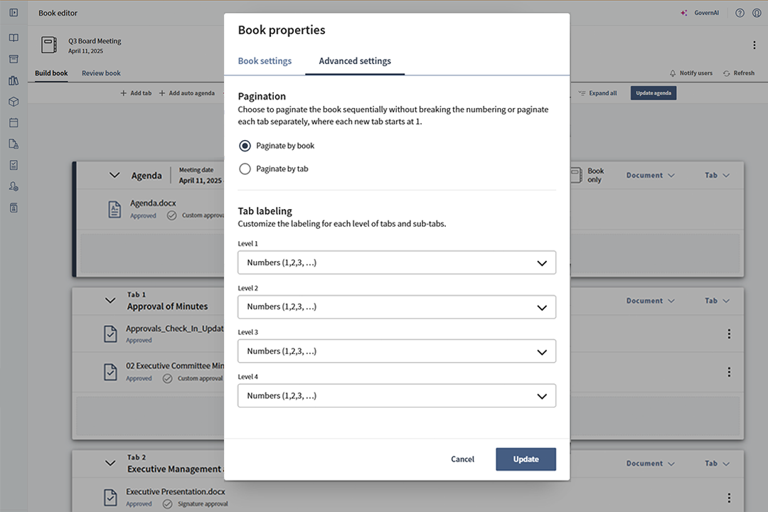 Diligent Boards tabs and pagination functionality