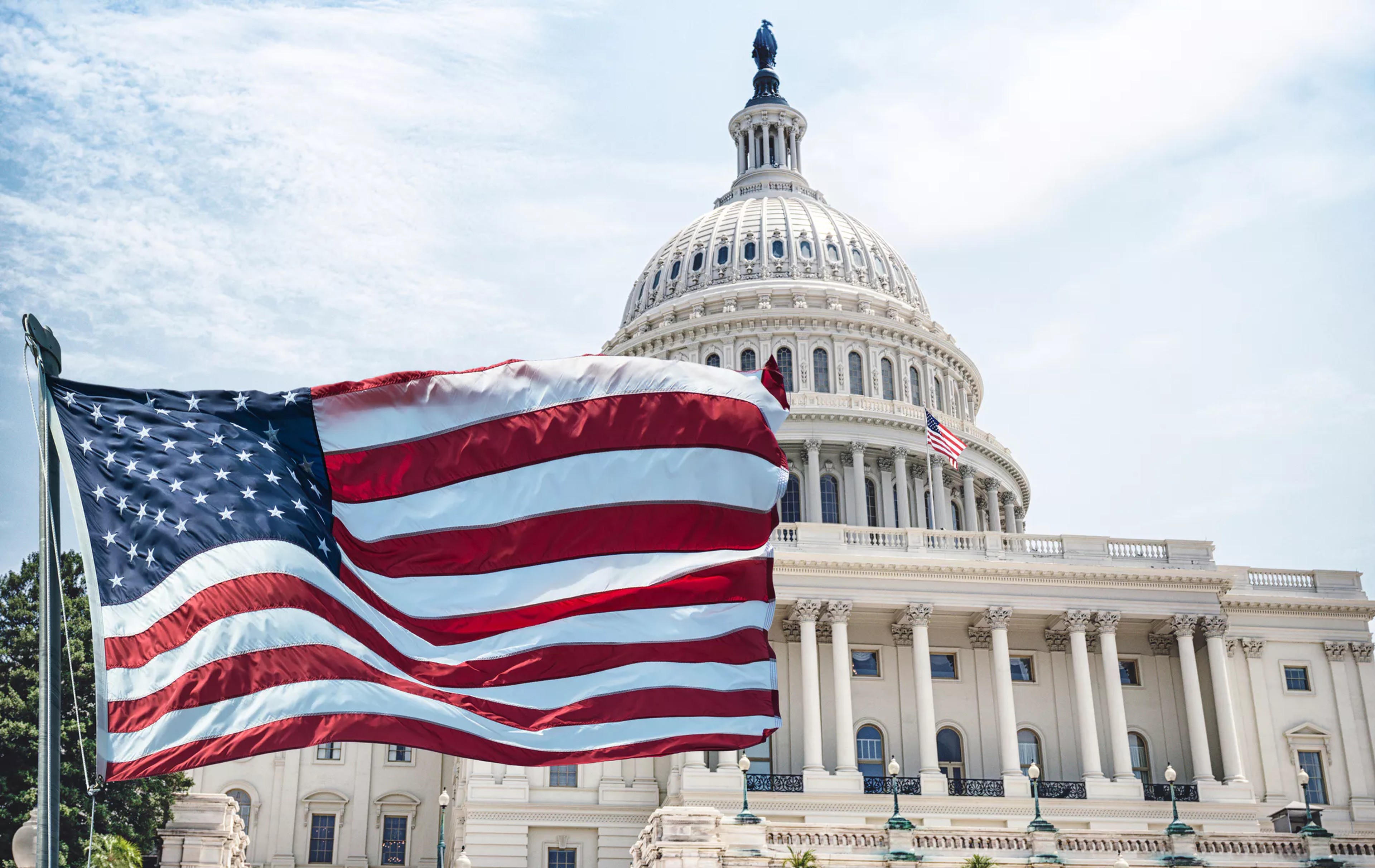 Government building and USA flag representing US government boards