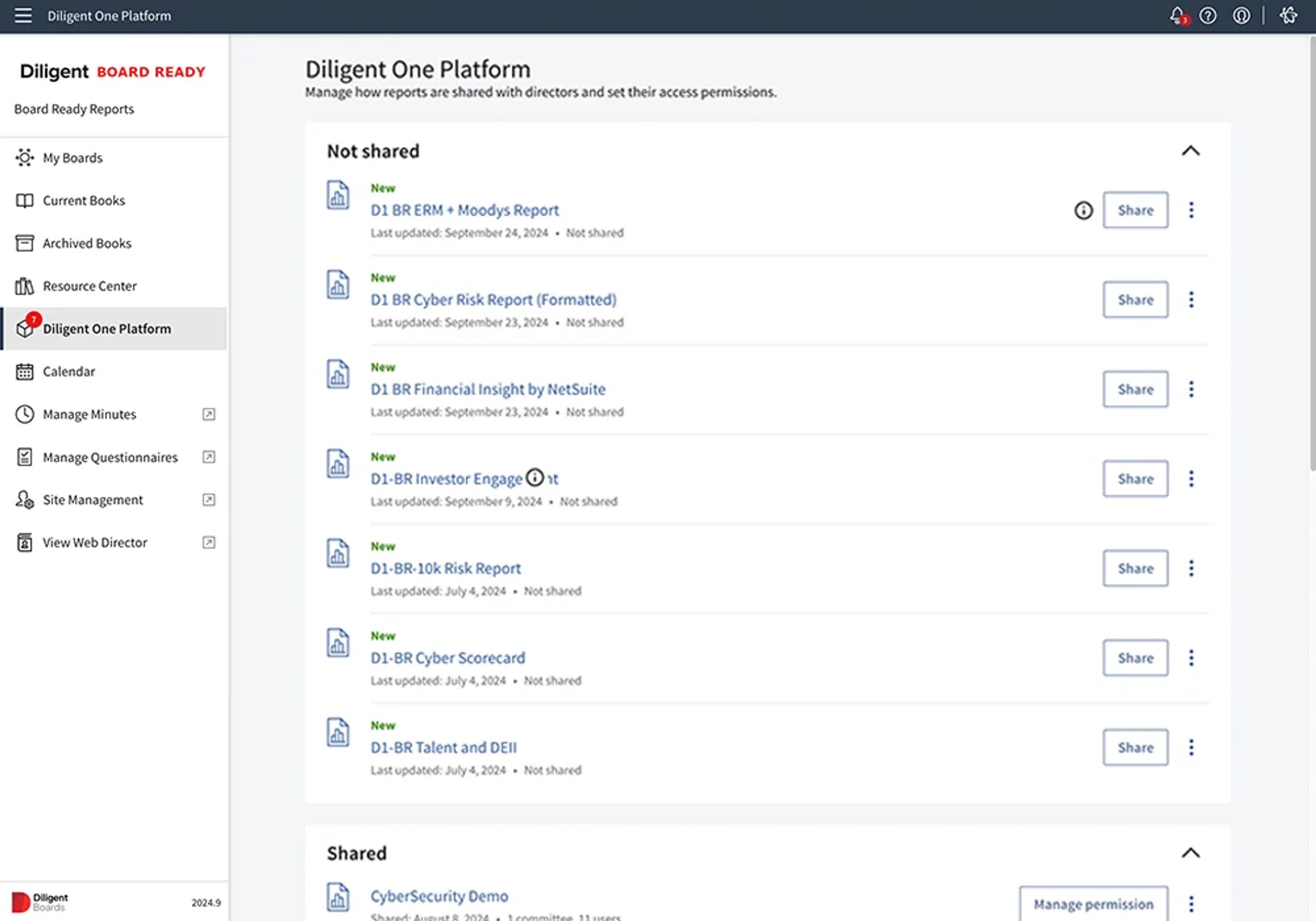 Board report tab on the Diligent One Platform, which helps with effective ERM reporting