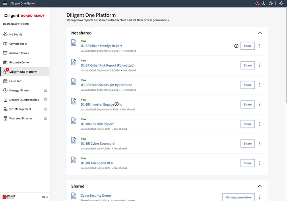 Board report tab on the Diligent One Platform, which helps with effective ERM reporting