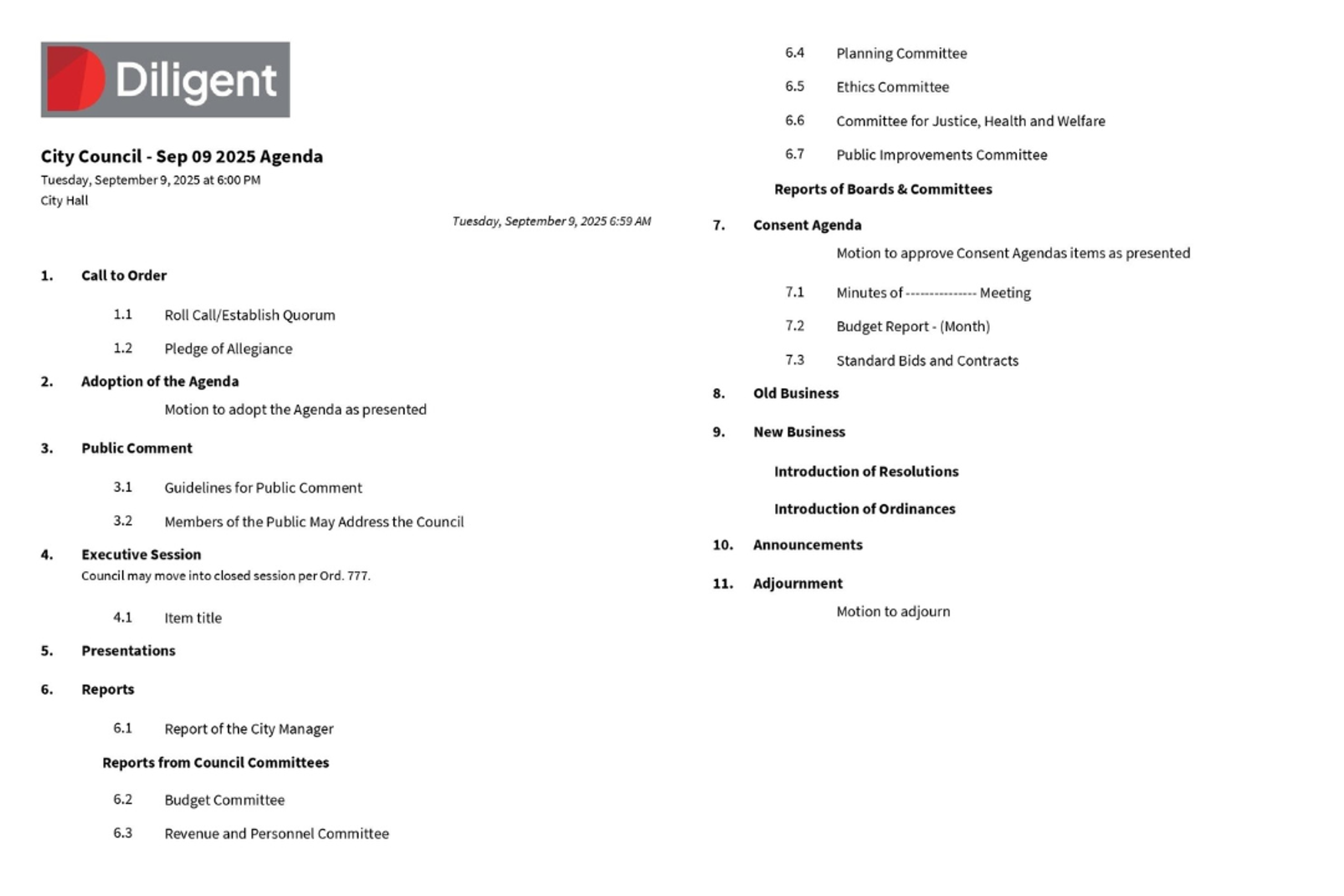Diligent sample council meeting agenda template