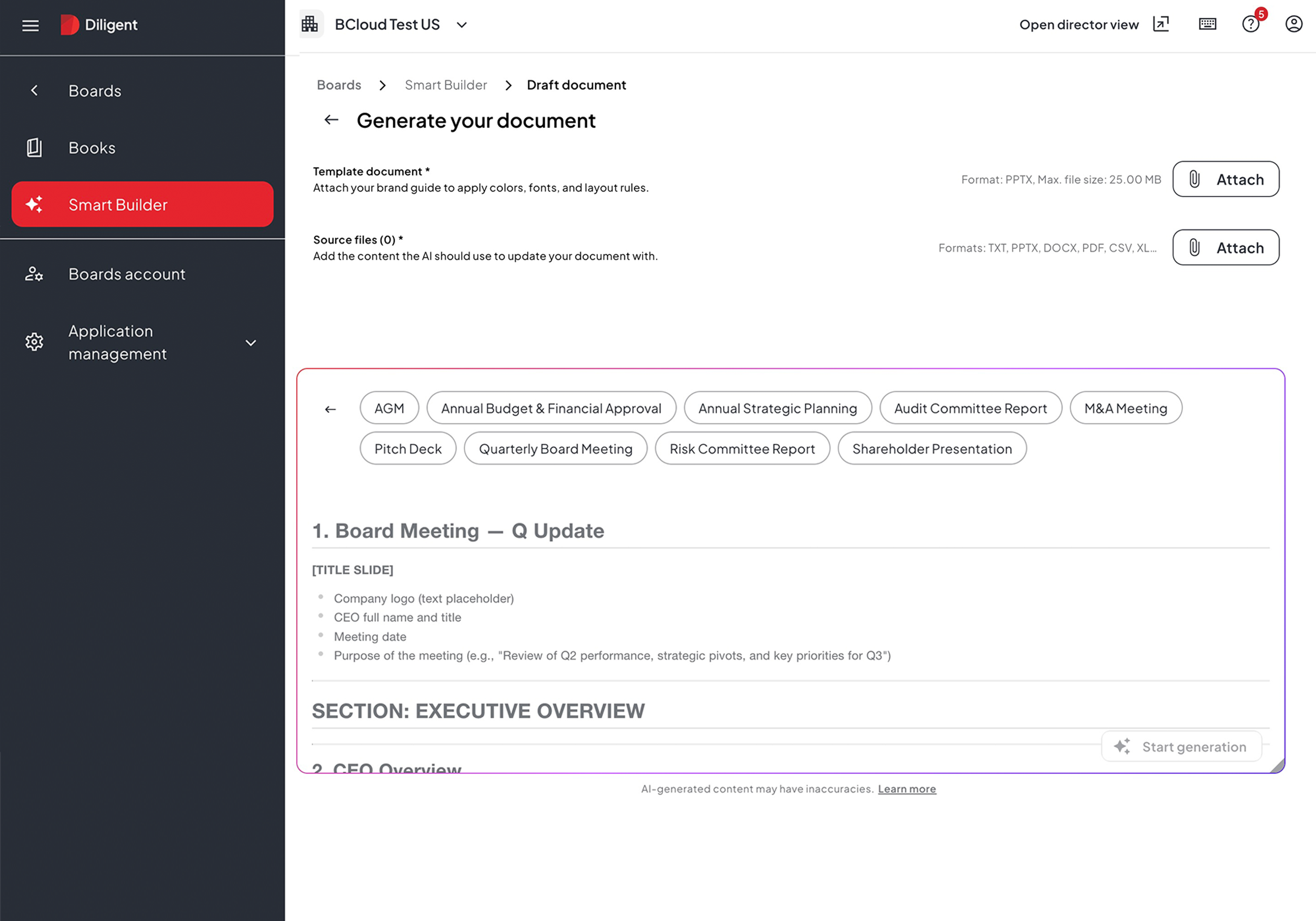 Diligent Smart Builder interface showing templates for managing board of directors responsibilities and meeting documentation