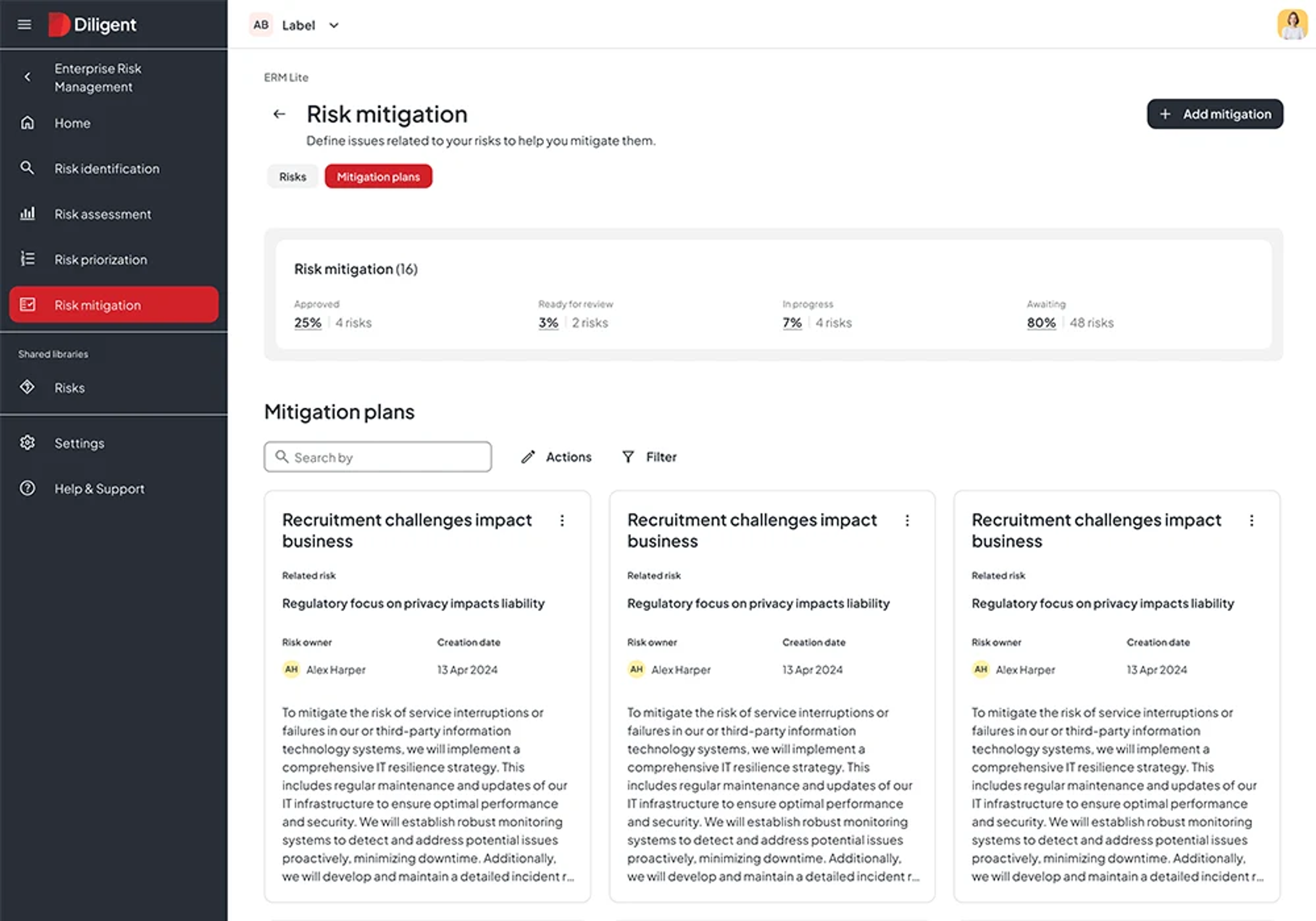 Risk mitigation screen on Diligent, which is a vital for internal audit and enterprise risk management functions