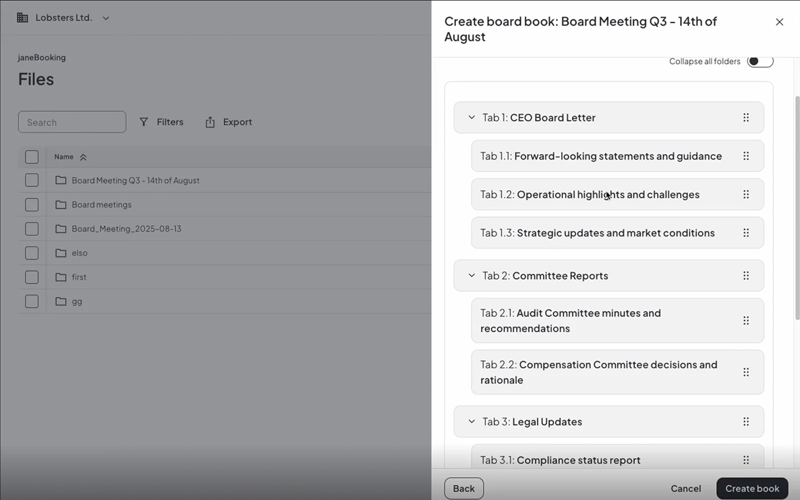 Diligent One Platform interface for creating board books and organizing meeting motion materials