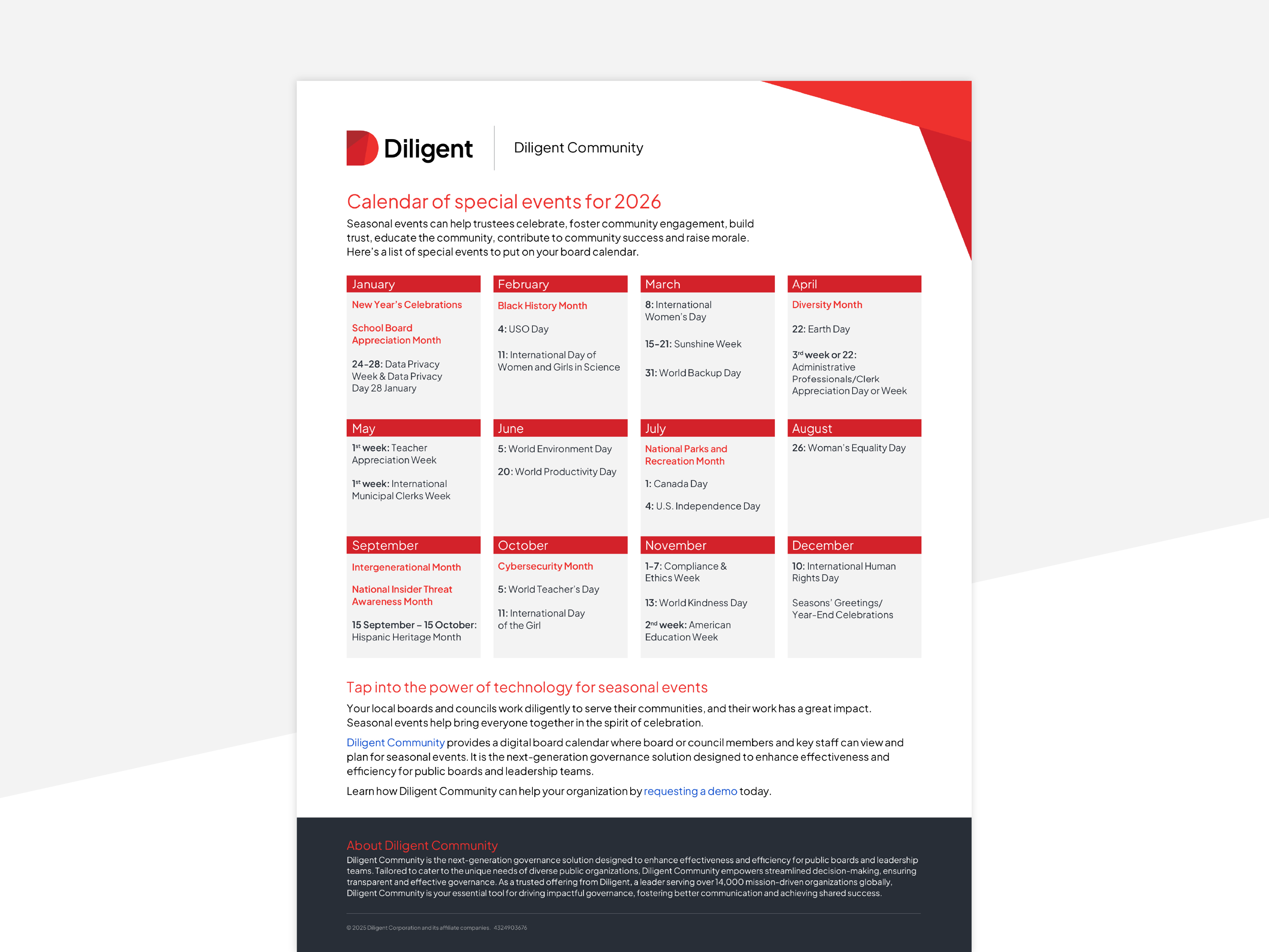 Calendar of seasonal events for public boards