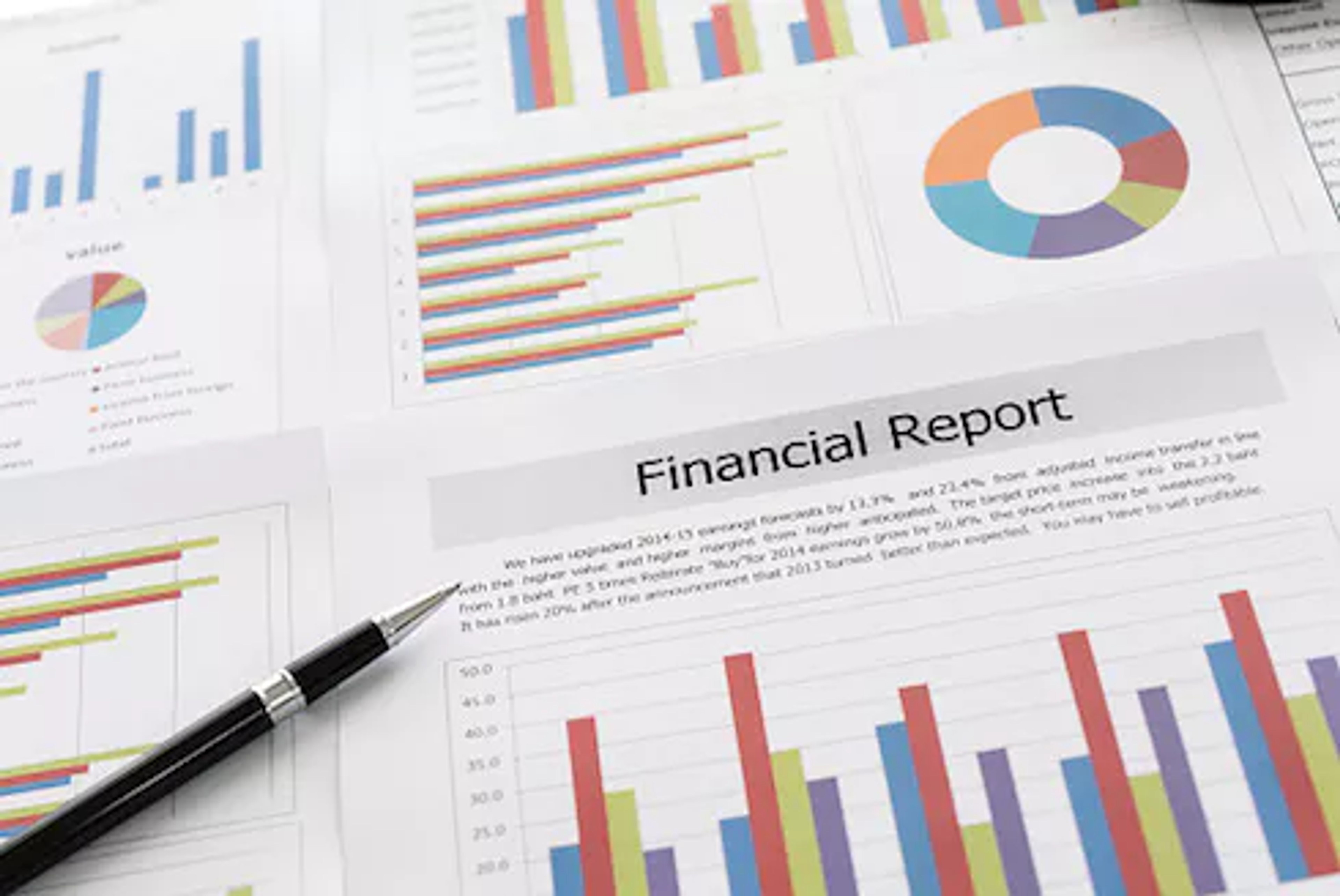 Financial reports displaying charts and the words "financial report" written on it, demonstrating the annual report.