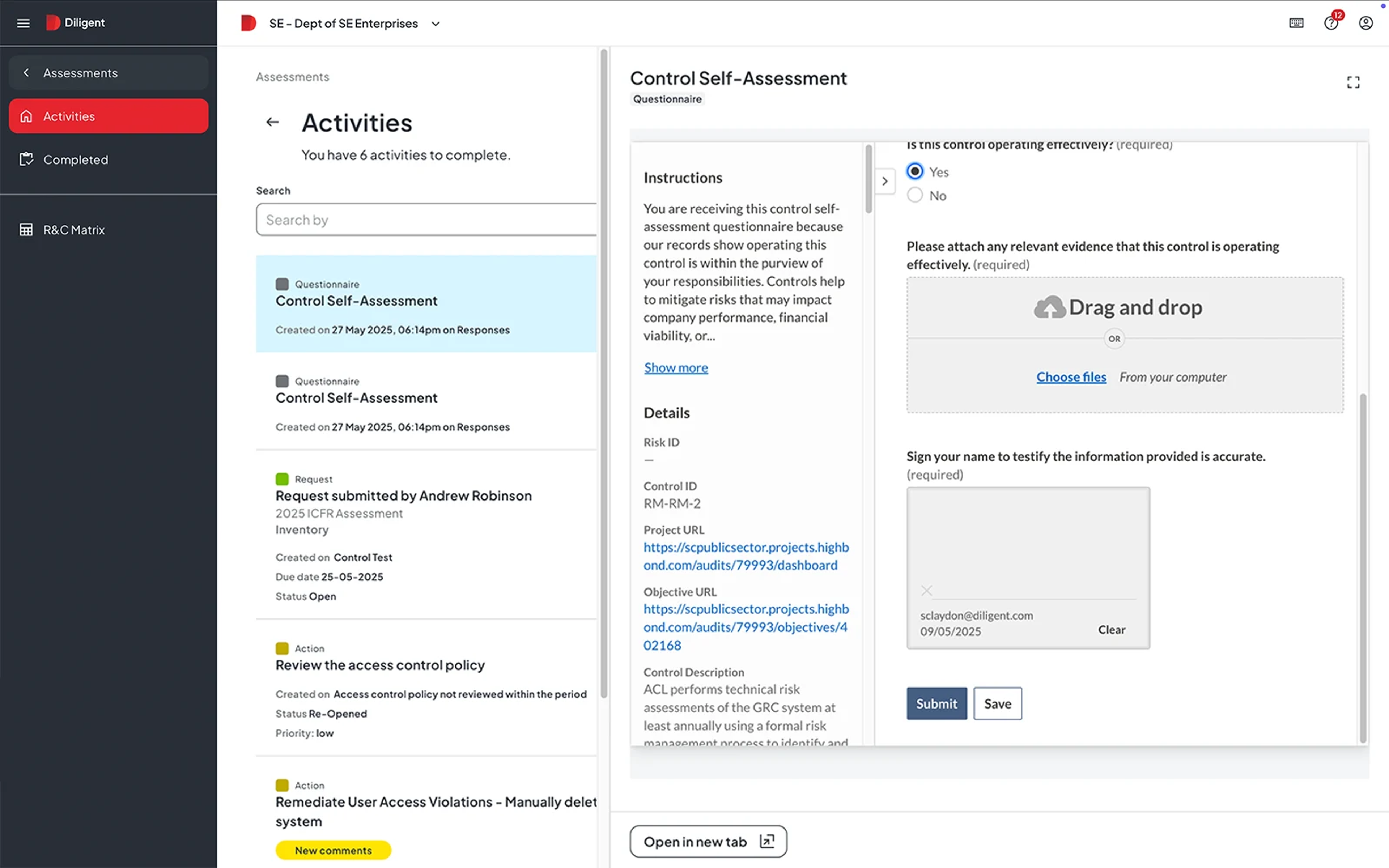 Audit control self assessment on Diligent