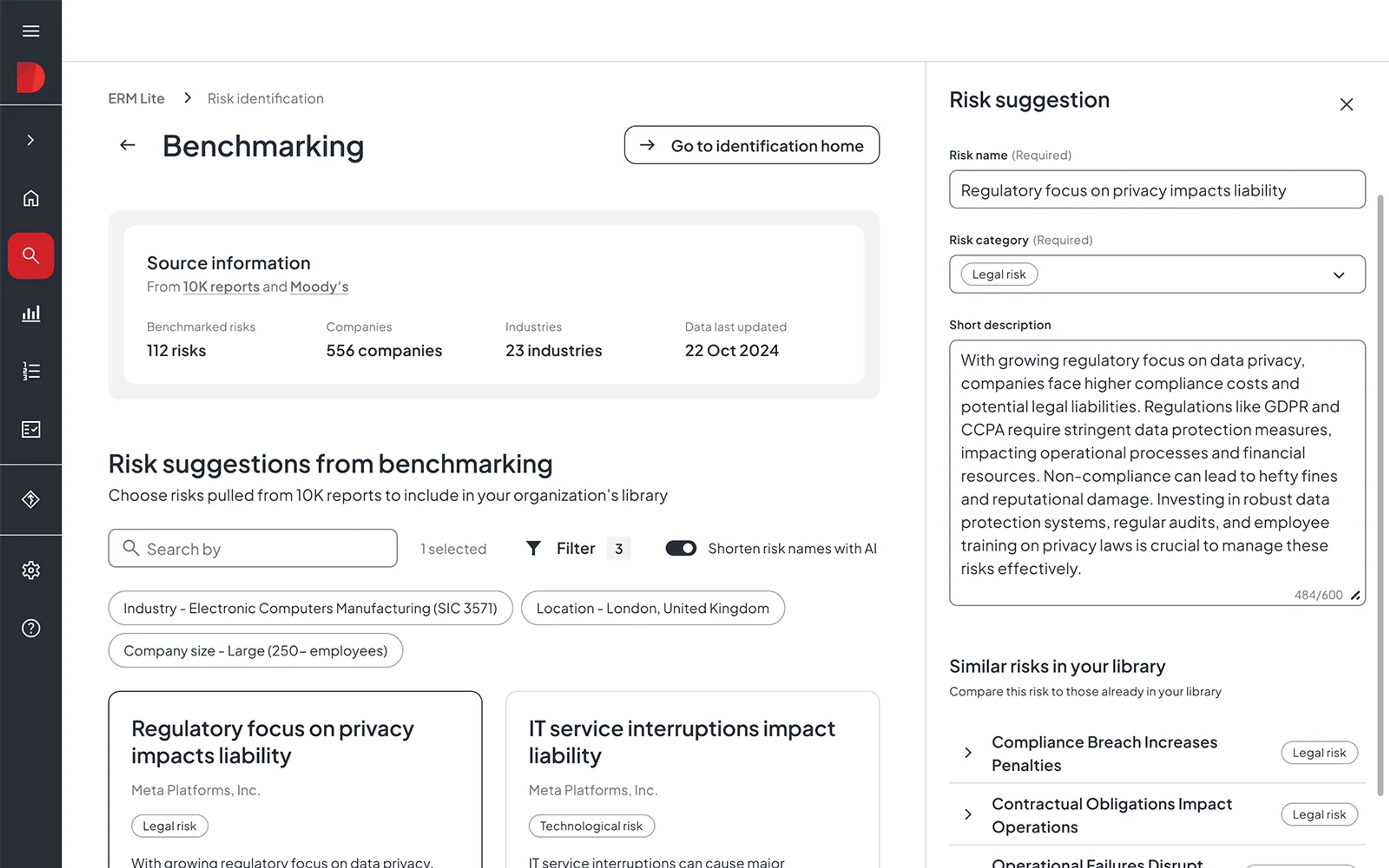 Risk benchmarking page on Diligent, which is an application of AI in enterprise risk management
