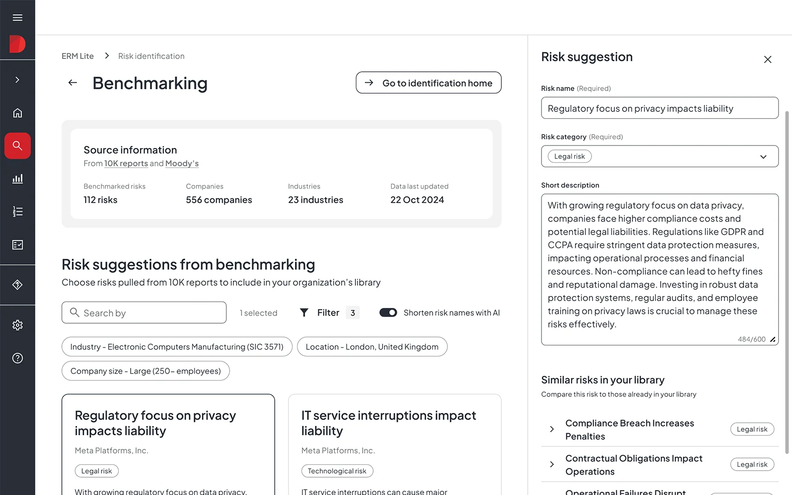 Risk benchmarking page on Diligent, which is an application of AI in enterprise risk management