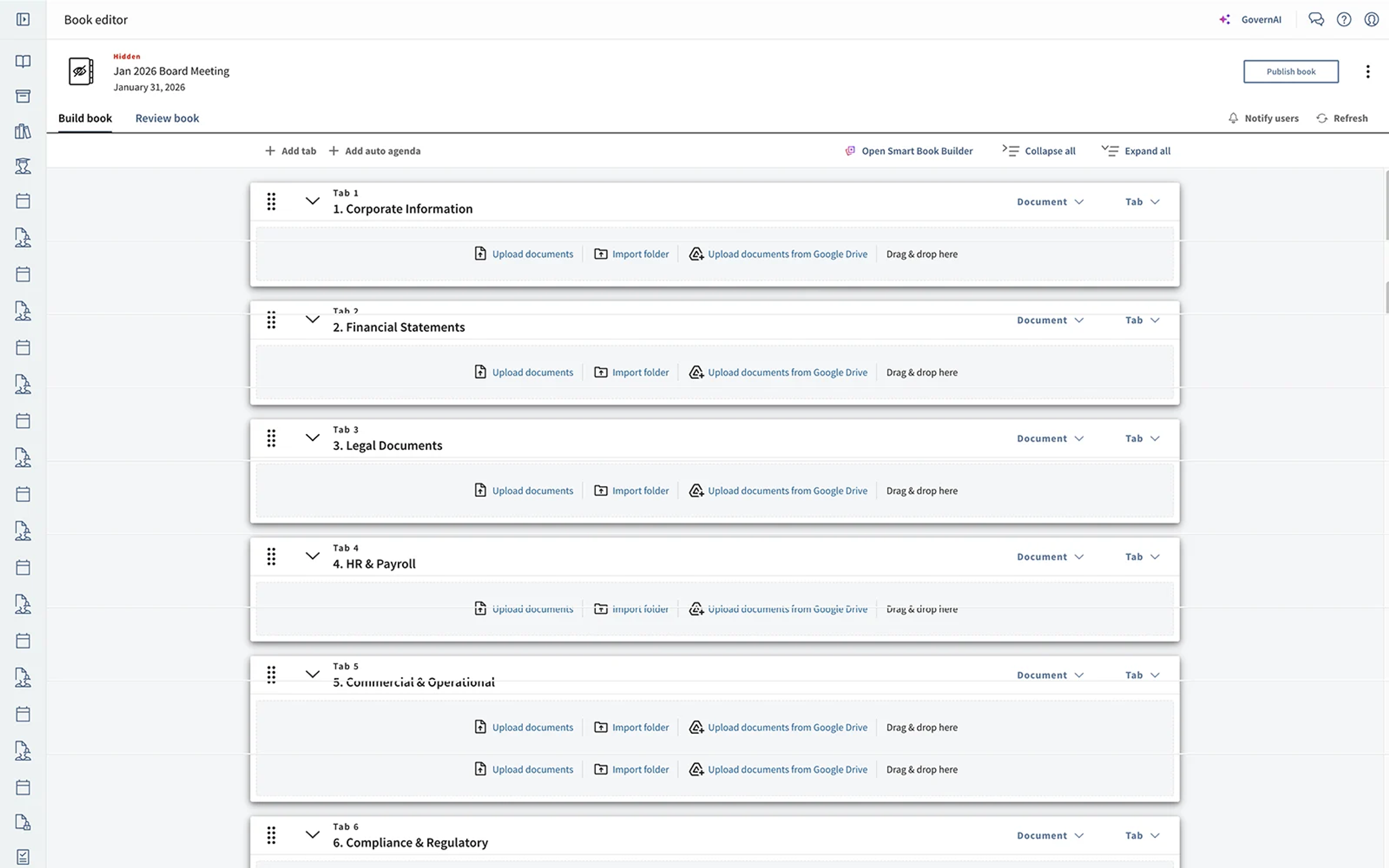 Diligent's board book editor, great for organizing board meeting minutes