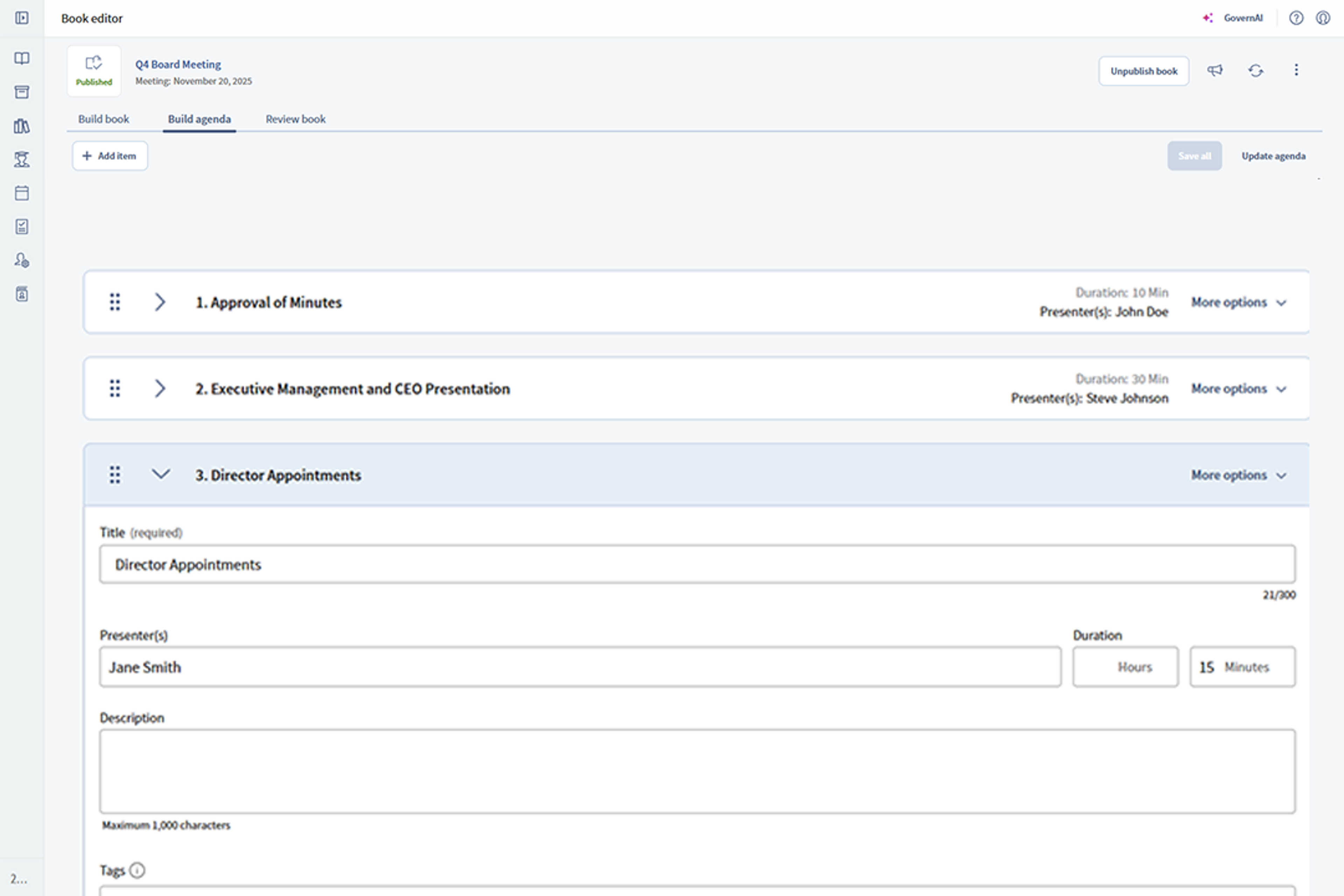 Diligent Boards agenda builder