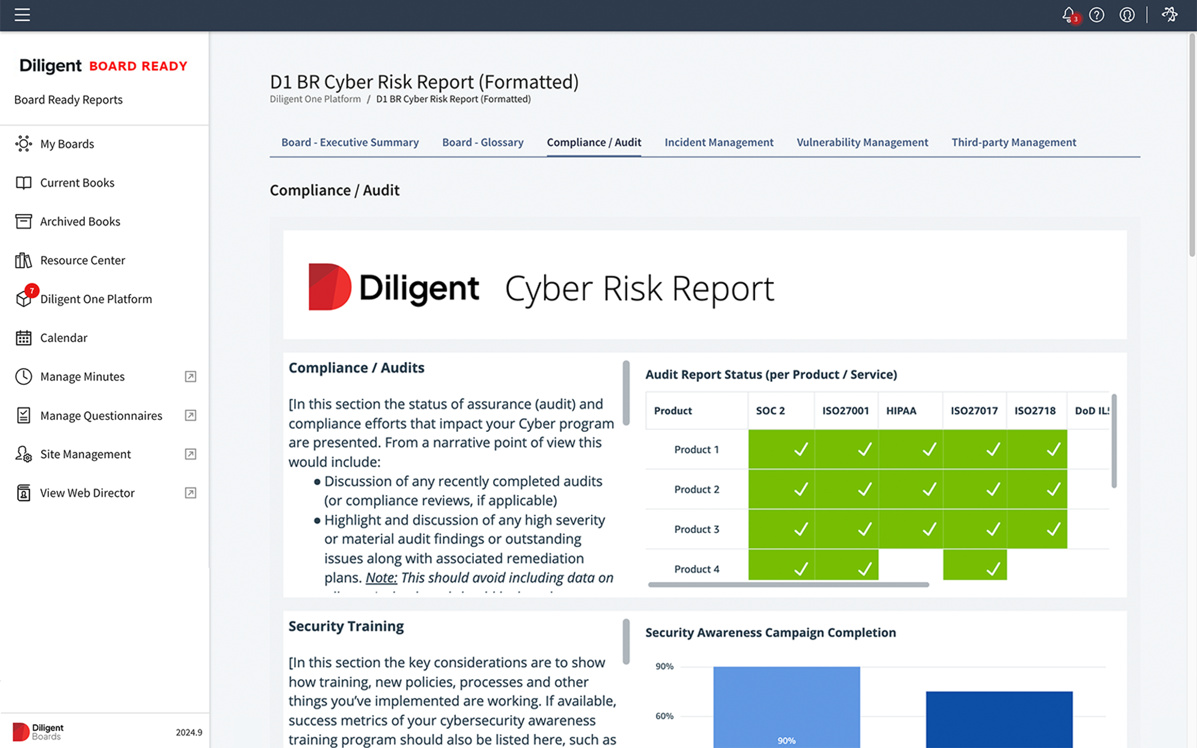 Diligent compliance dashboard showing audit status, which helps in creating an effective compliance plan