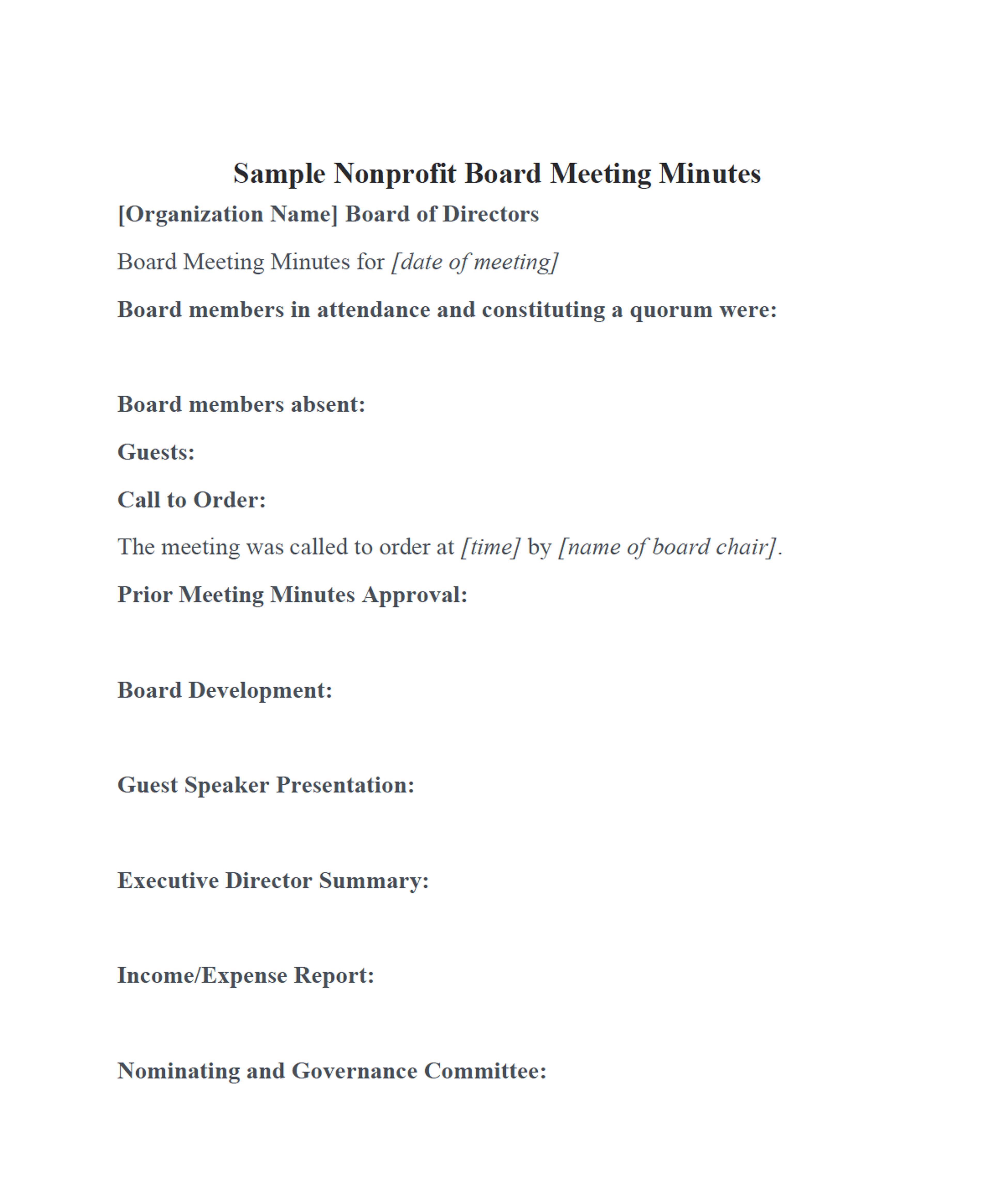 Nonprofit board meetings minutes template
