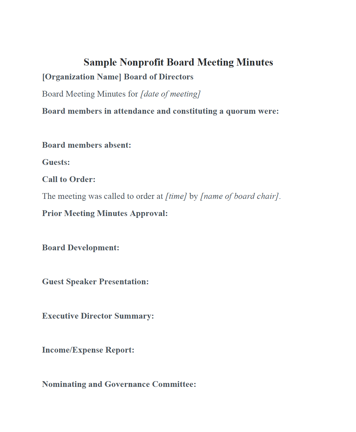 Nonprofit board meetings minutes template