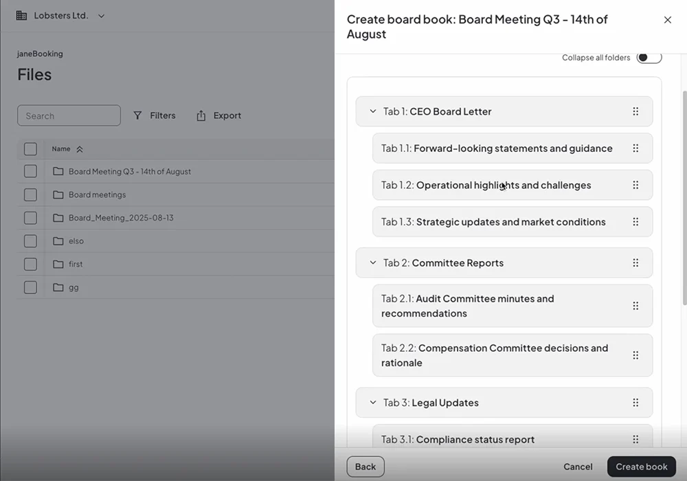 Image of board book creation, using data stored in Diligent Virtual Data Room