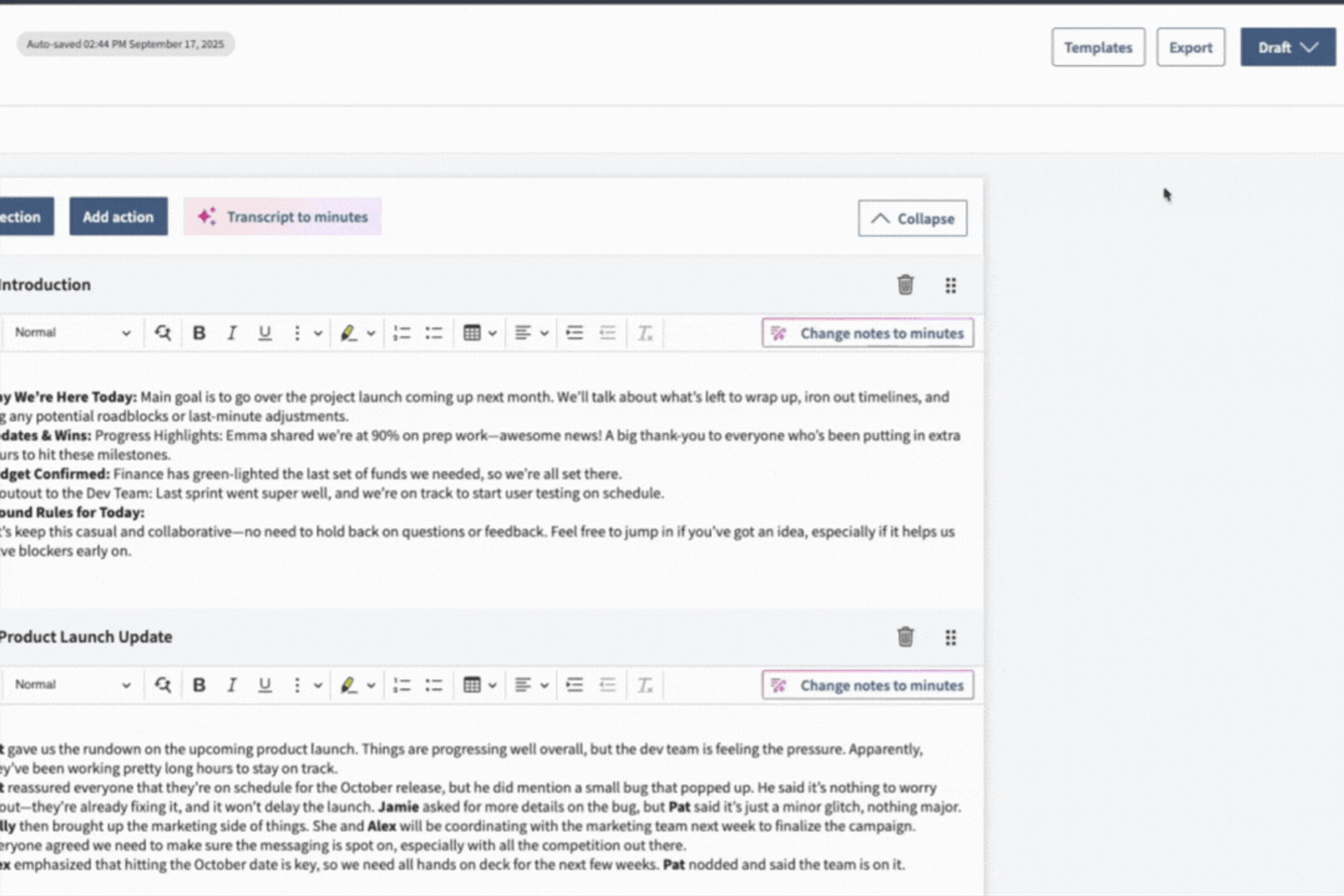 Diligent flexible minutes status