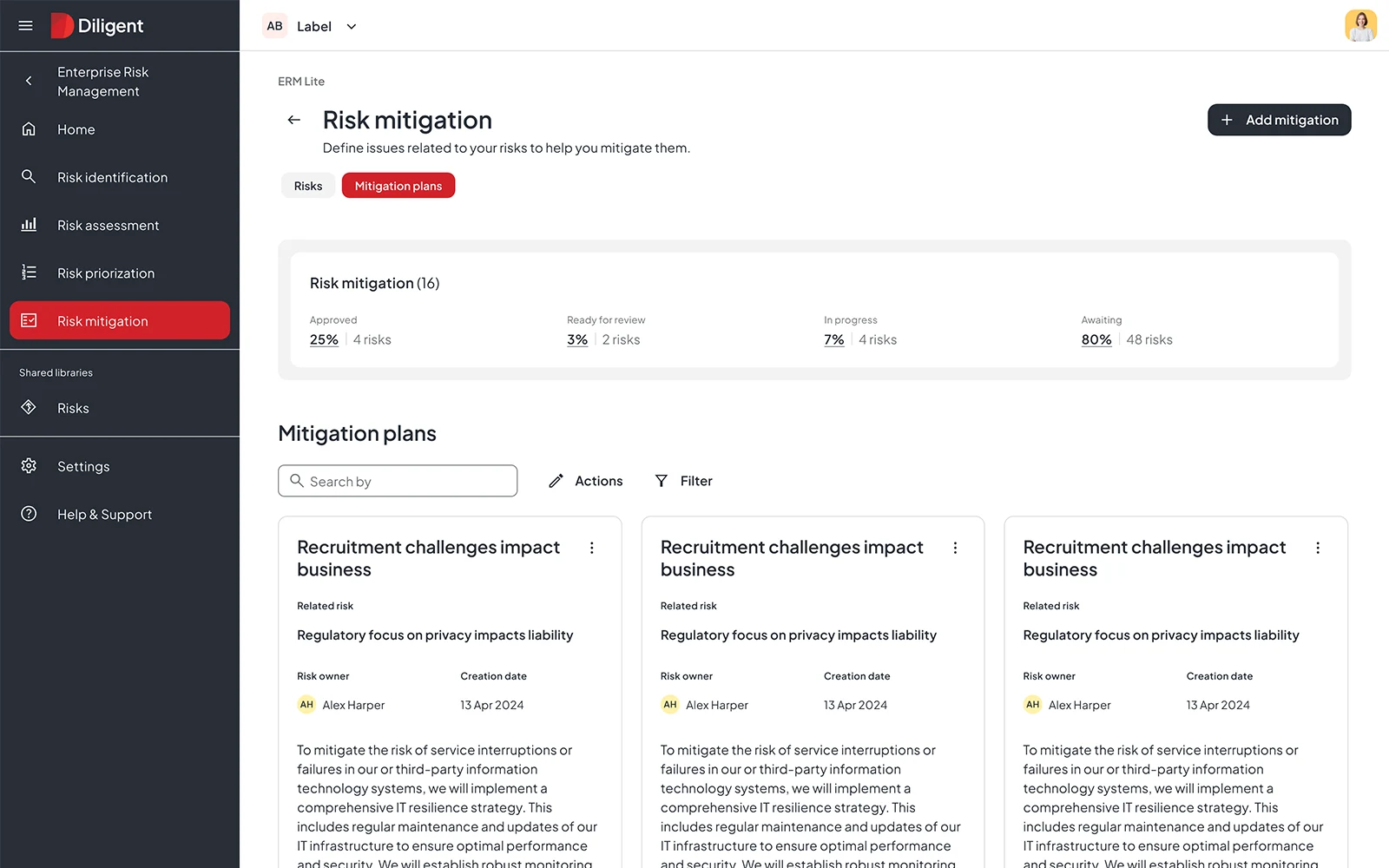 Risk mitigation page on Diligent, which is important for implementing an effective ERM strategy