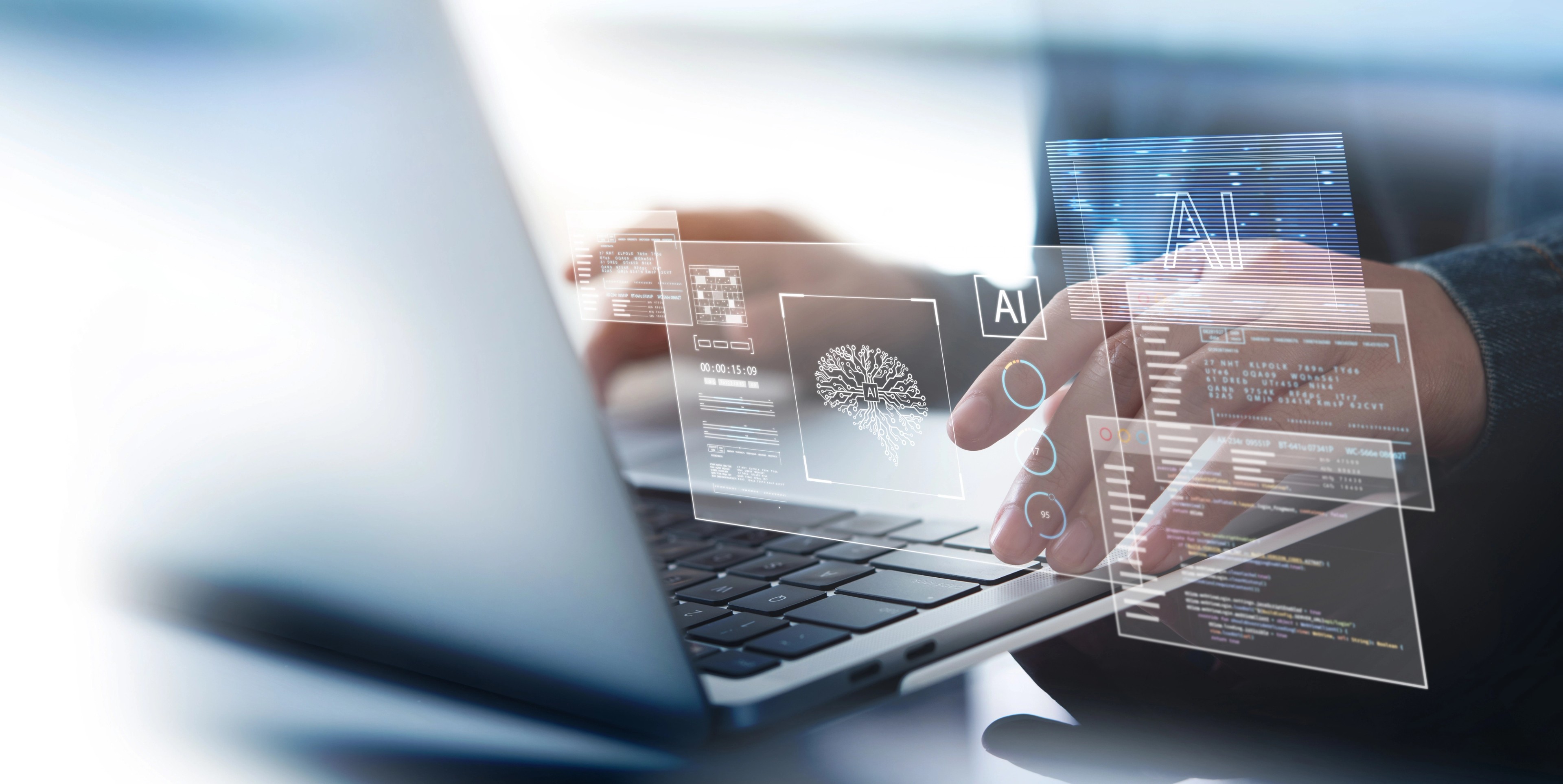 AI Artificial Intelligence. Business man using AI technology for data analysis, coding computer language with digital brain, machine learning on virtual screen, business intelligence