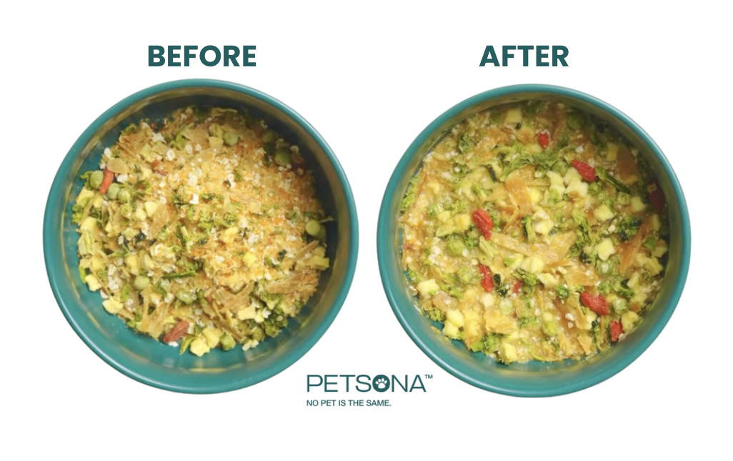 (Alt text: Petsona dehydrated dog food in a bowl, before and after adding water)