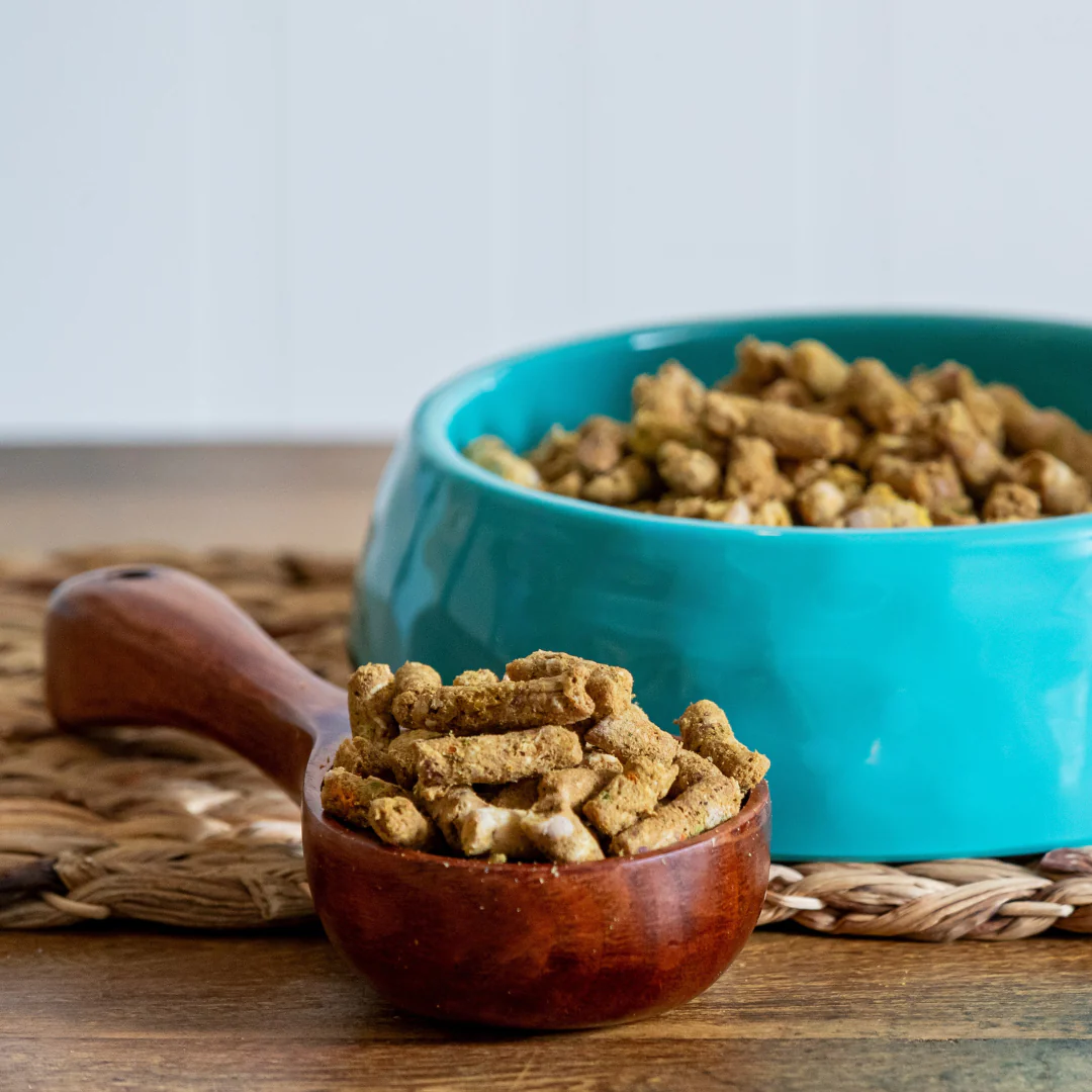 alt text: scoop of freeze-dried dog food being rehydrated