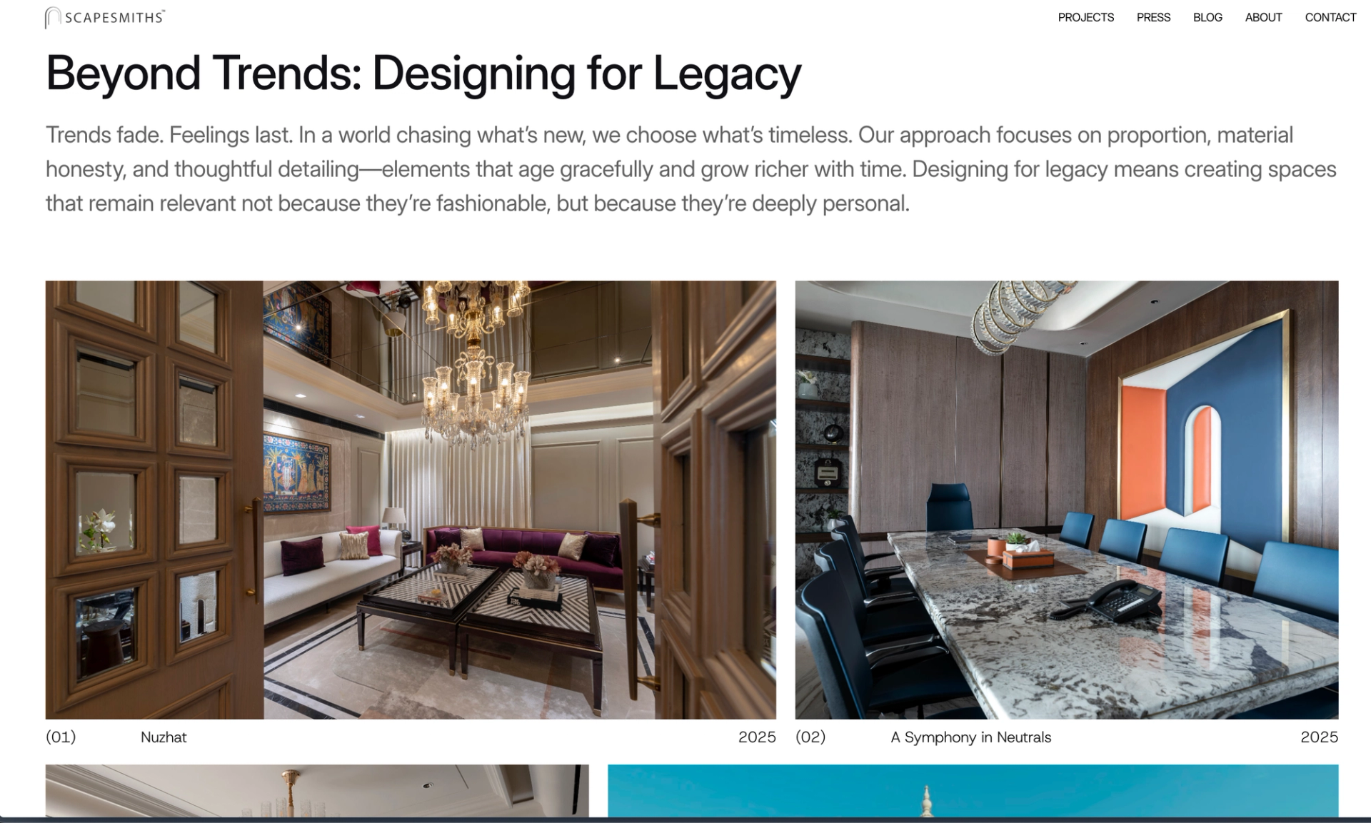 Scapesmiths projects section with the Nuzhat living room and the A Symphony in Neutrals boardroom
