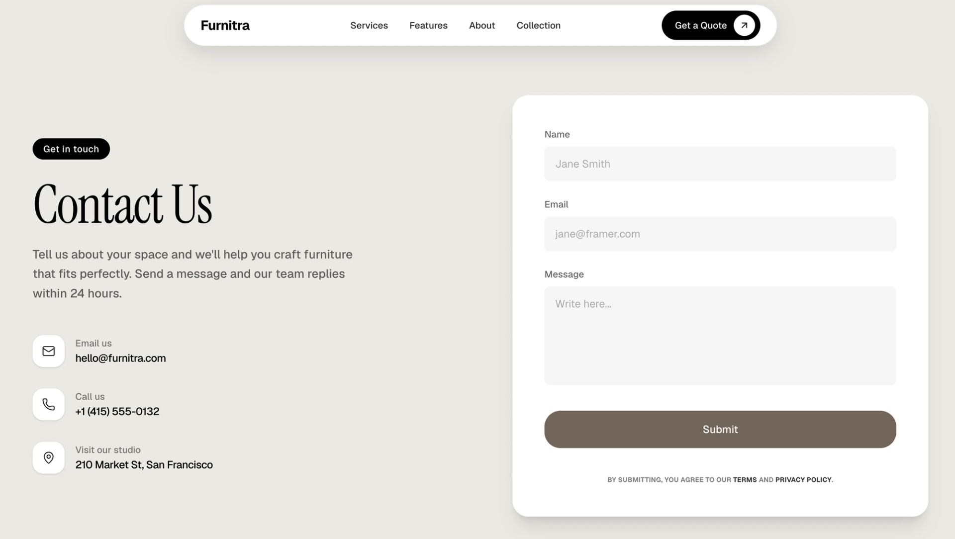 Contact page of the Talo Homes website with a quote request form