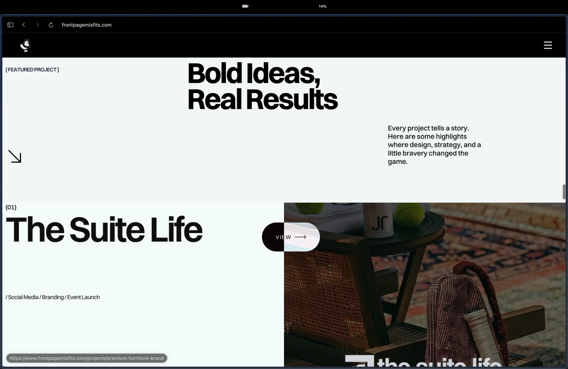 Featured project section of the Frontpage Misfits website showing The Suite Life under the heading Bold Ideas, Real Results