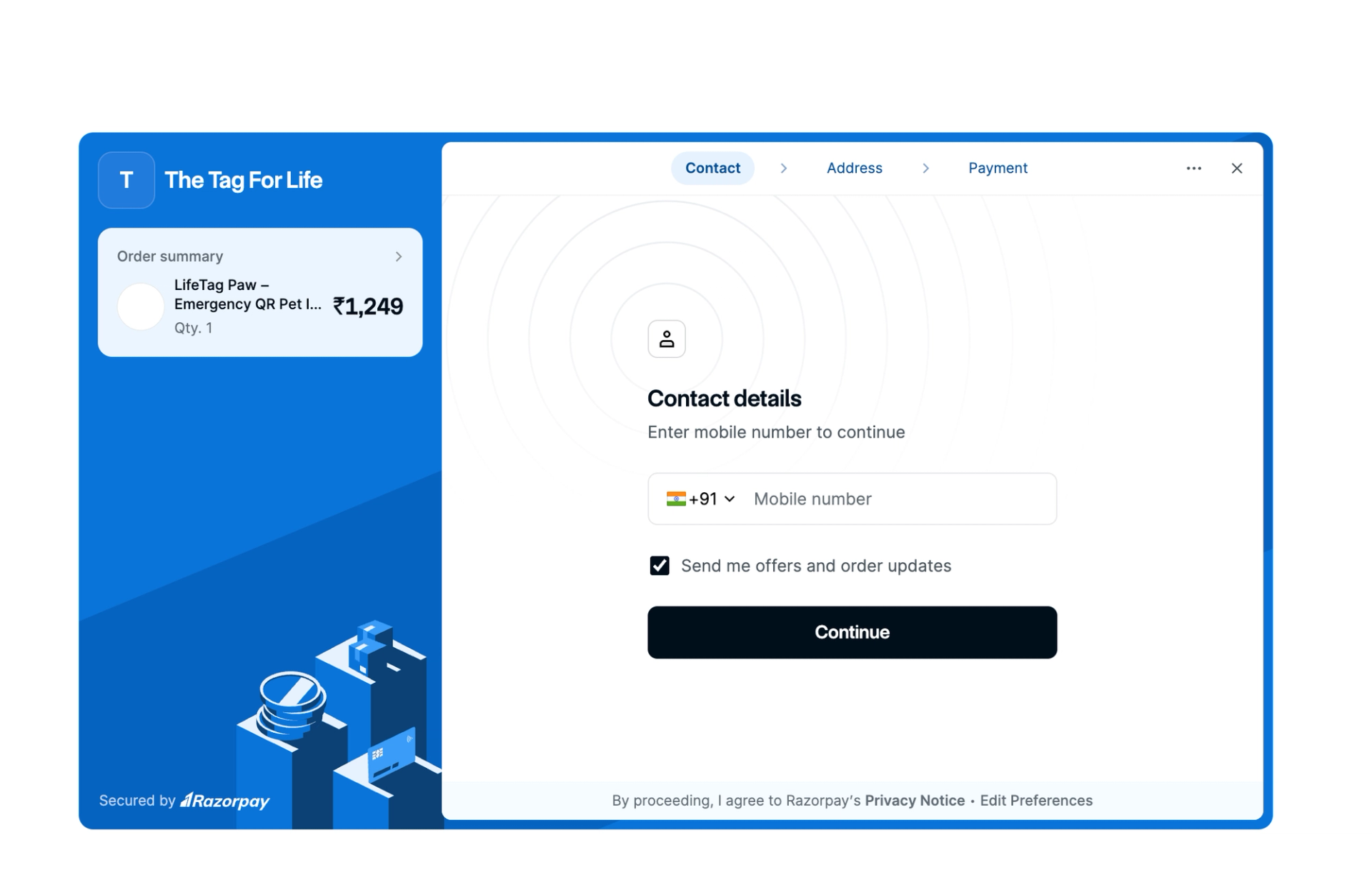 Razorpay checkout for The Tag for Life asking for a mobile number, with the order summary for a LifeTag Paw
