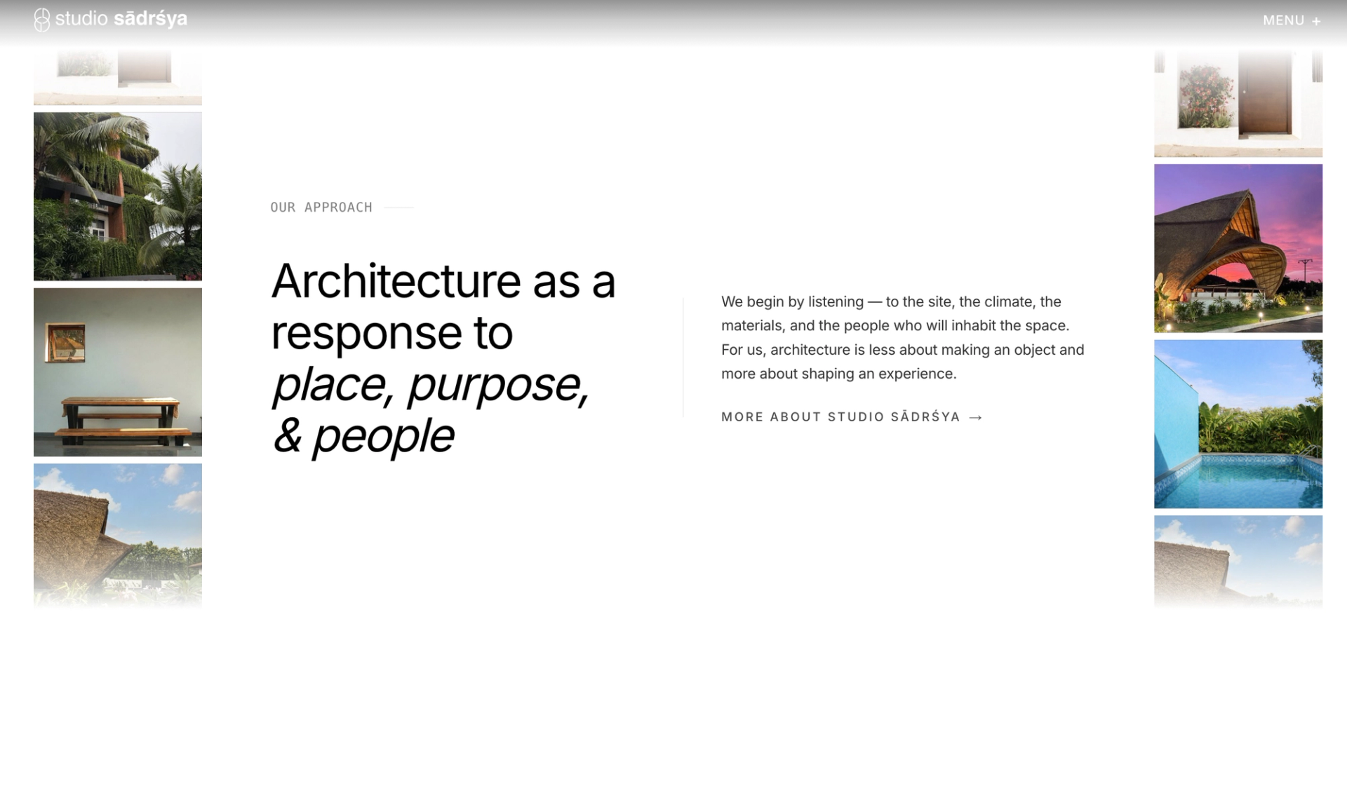 Our Approach section of the Studio Sadrsya website, Architecture as a response to place, purpose and people, framed by project photos