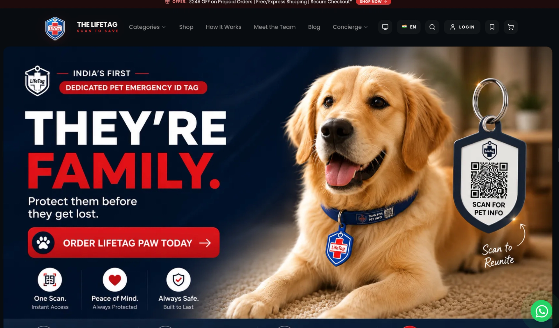 The LifeTag homepage banner for the LifeTag Paw pet emergency ID tag with a golden retriever wearing the tag
