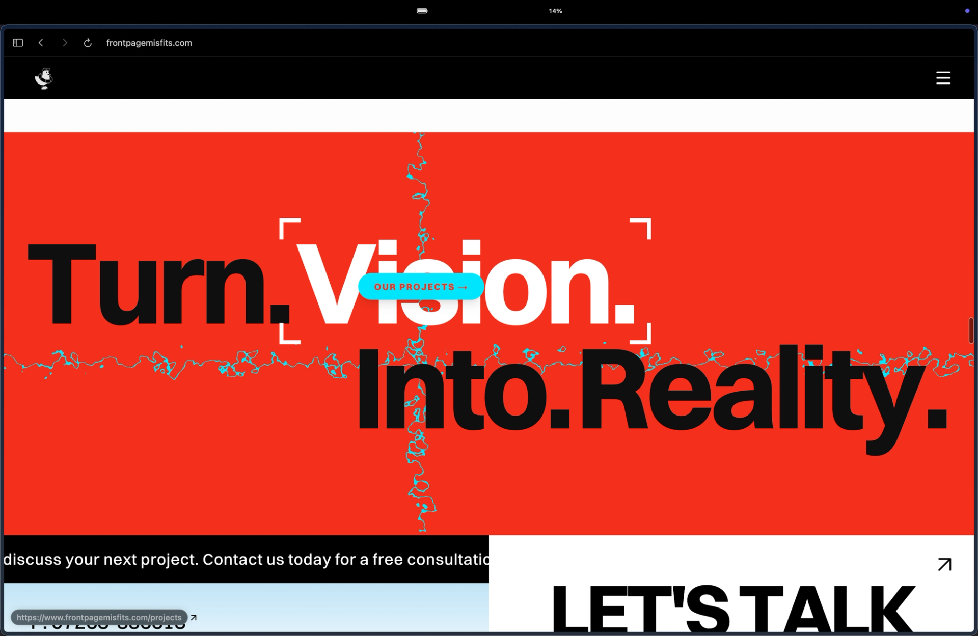 Frontpage Misfits call to action reading Turn Vision Into Reality on a red background with an Our Projects button and a Let's Talk banner