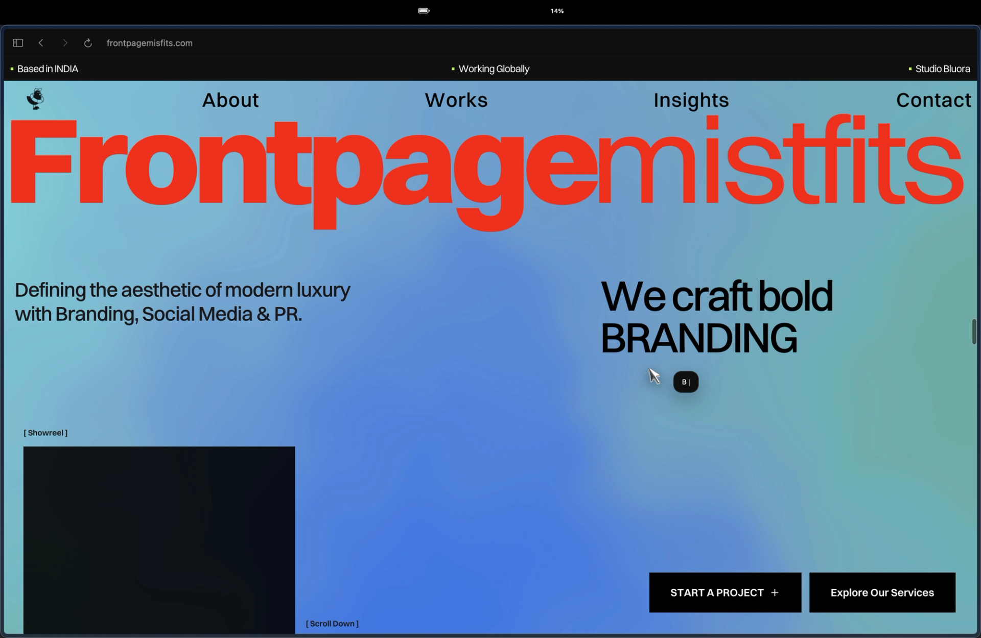 Frontpage Misfits homepage hero with the red Frontpage Misfits wordmark on a blue gradient and Start a Project and Explore Our Services buttons
