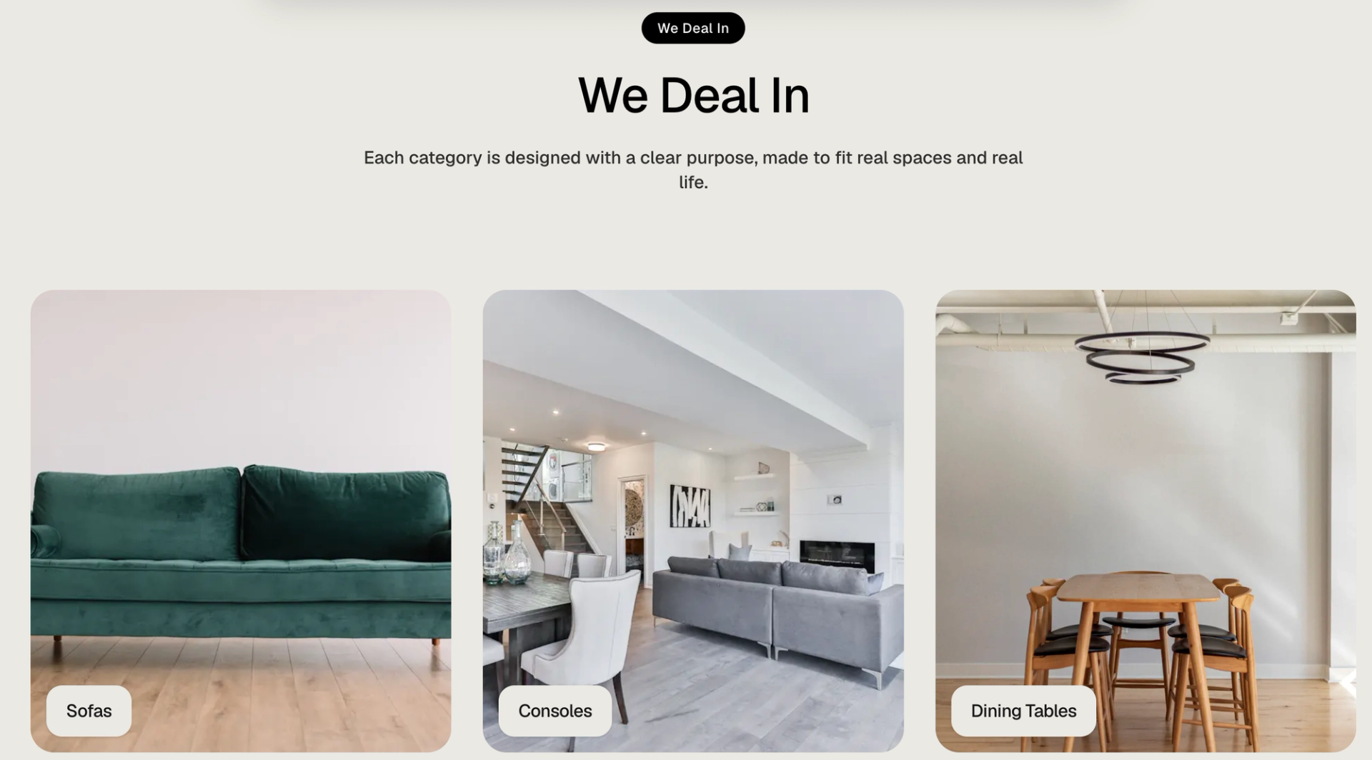 We Deal In section of the Talo Homes website showing the sofa, console and dining table categories