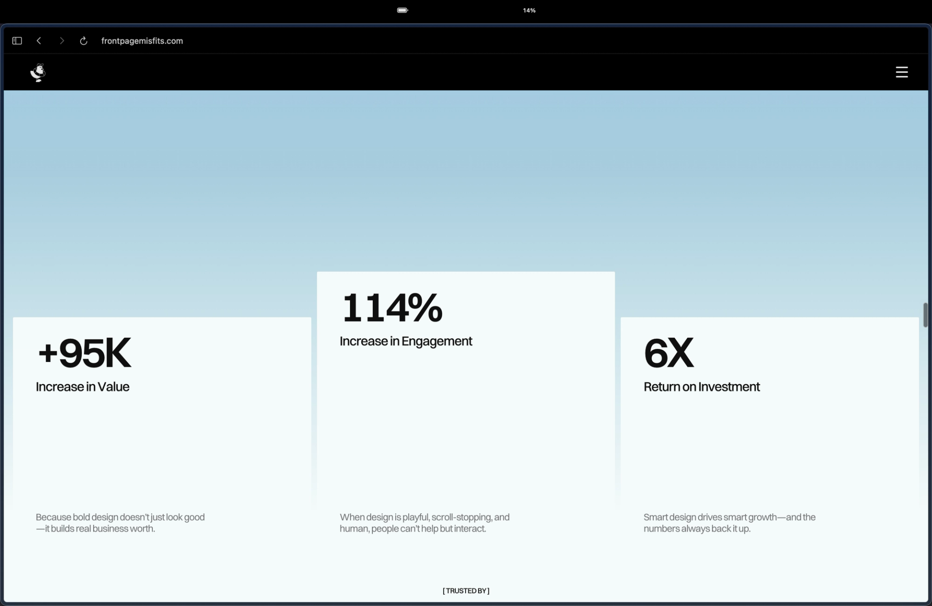Frontpage Misfits results section with three cards for increase in value, increase in engagement and return on investment