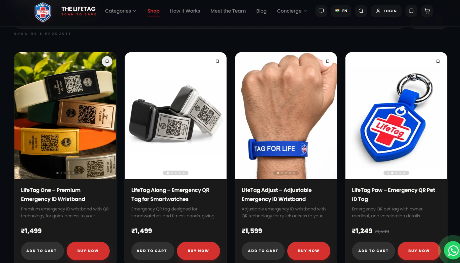 LifeTag shop page listing the LifeTag One, LifeTag Along, LifeTag Adjust and LifeTag Paw with prices and Buy Now buttons