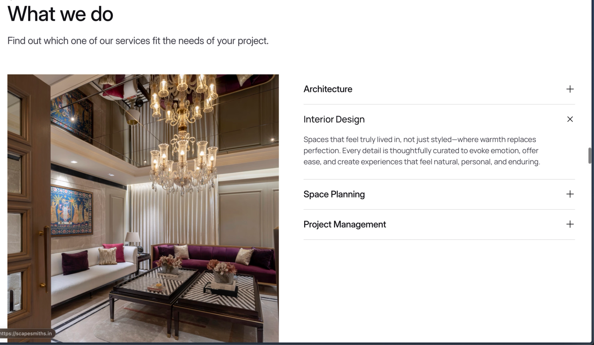 Scapesmiths services section listing architecture, interior design, space planning and project management beside a living room with a crystal chandelier