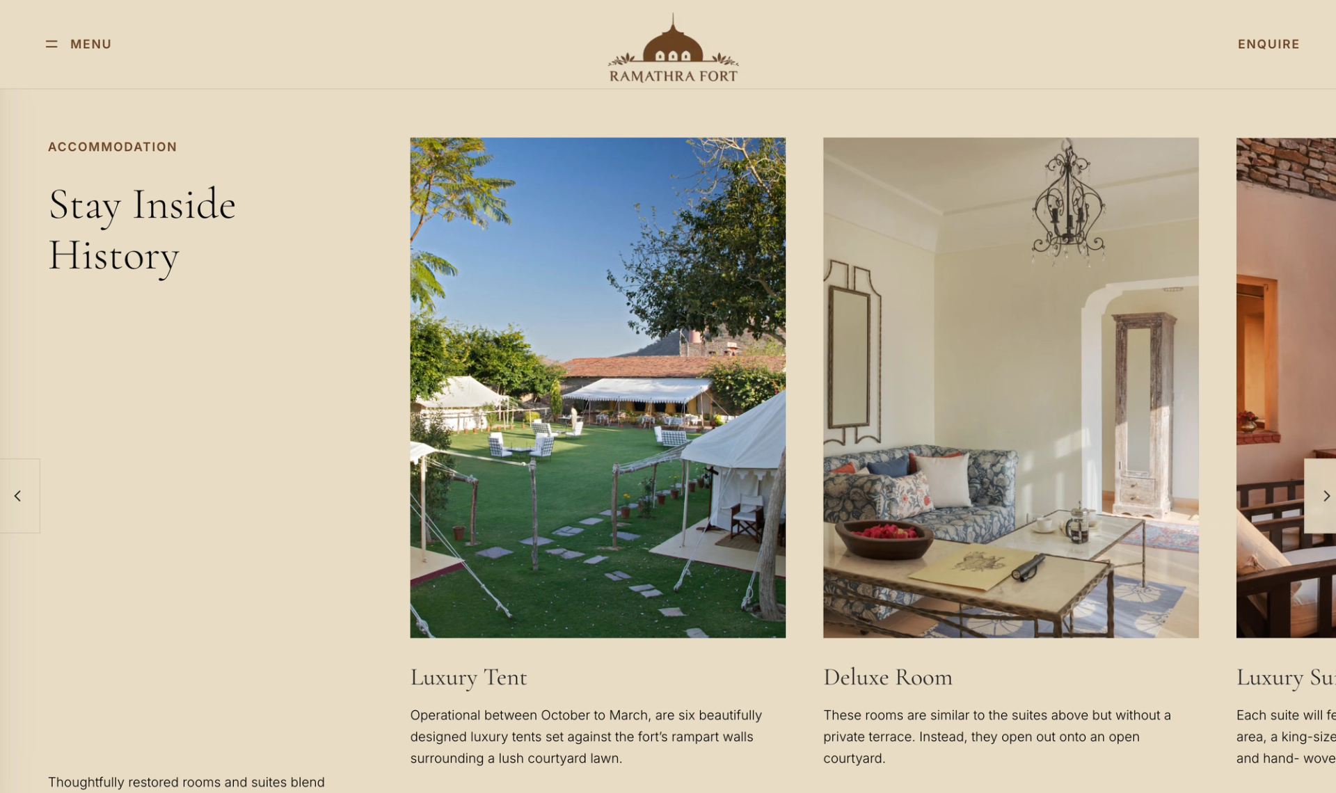 Stay Inside History section of the Ramathra Fort website showing the luxury tent and deluxe room