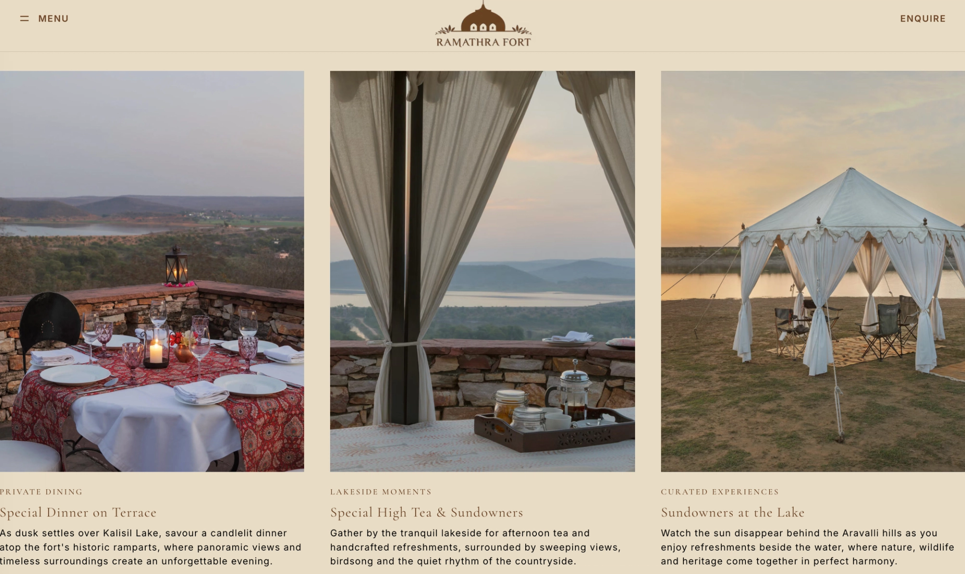 Ramathra Fort experiences section with a terrace dinner, lakeside high tea and sundowners at the lake