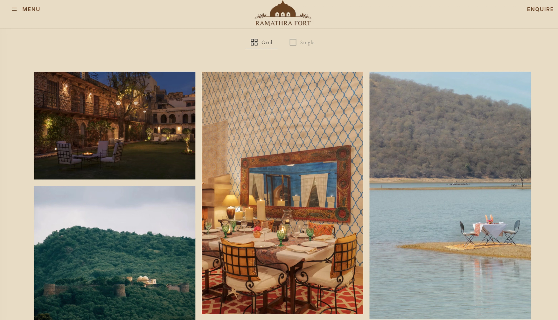 Ramathra Fort gallery page in grid view with the fort courtyard at night, a dining room, the lake and the fort on a forested hill