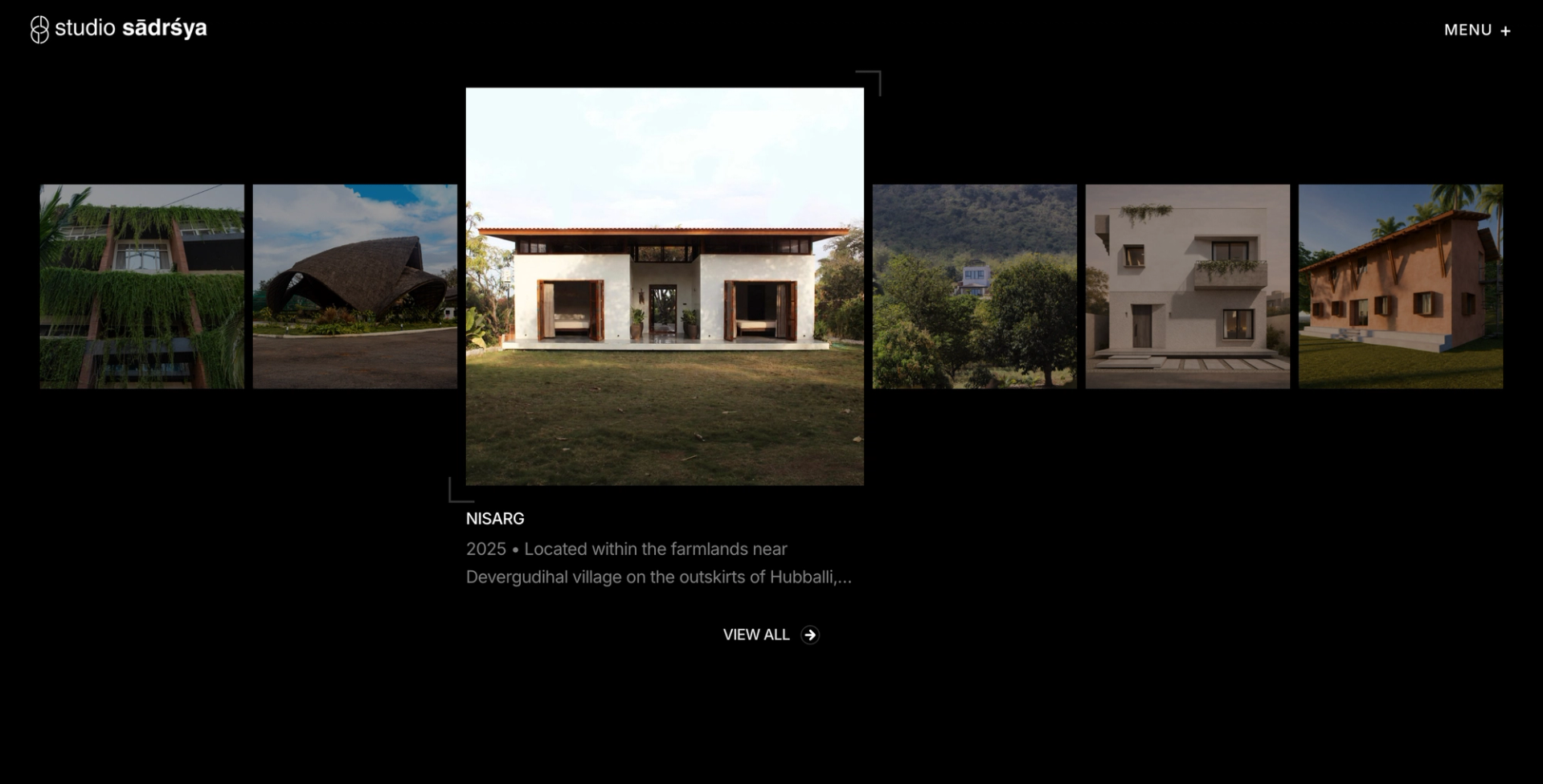 Studio Sadrsya homepage project carousel on a black background with the Nisarg house in focus