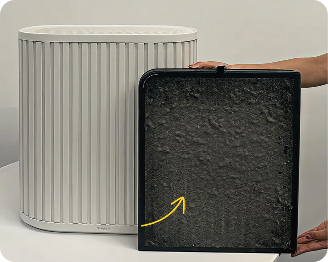 A dirty used filter beside the Windmill Air Purifier Max — this is in your air
